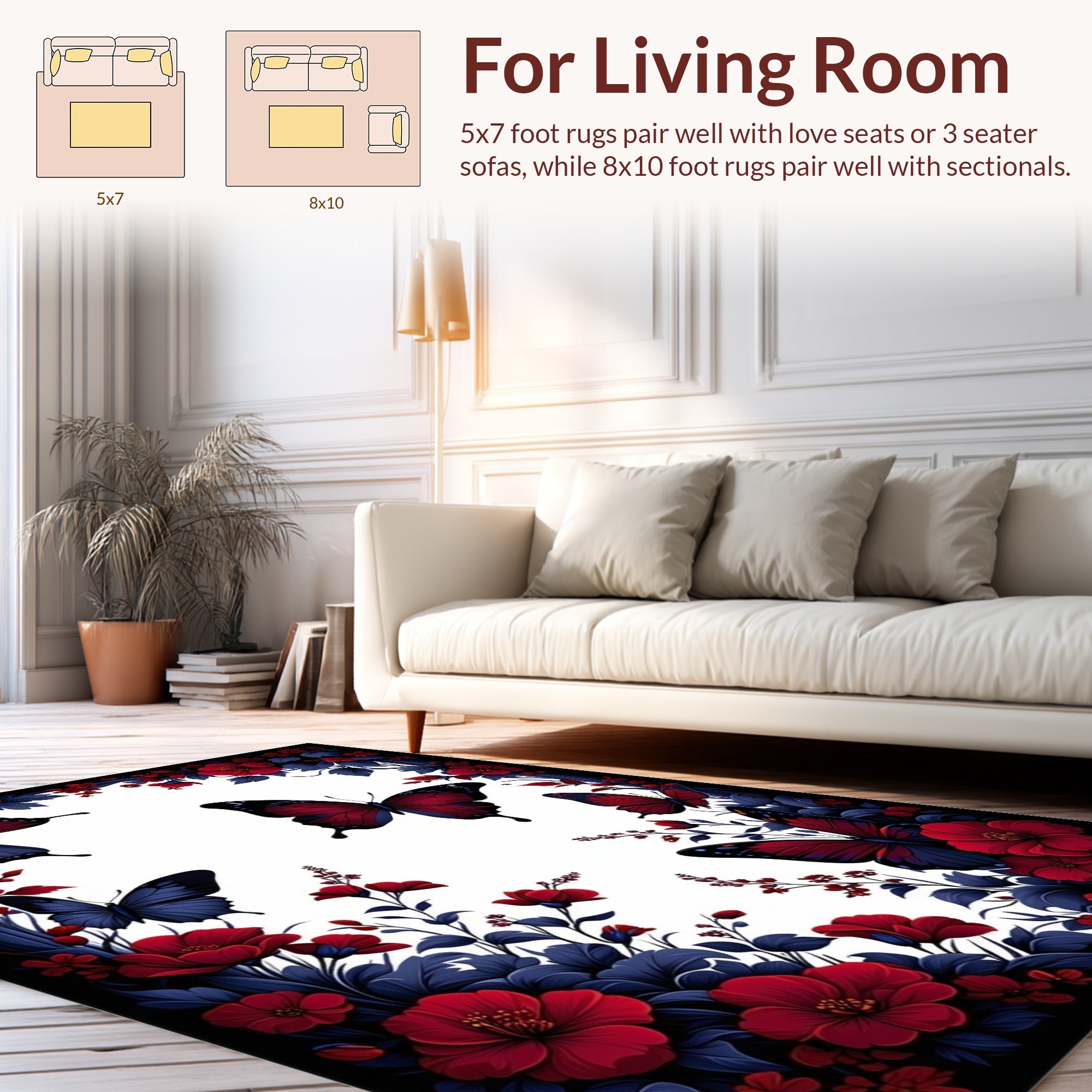Dramatic Red Blue Butterfly Floral Rug