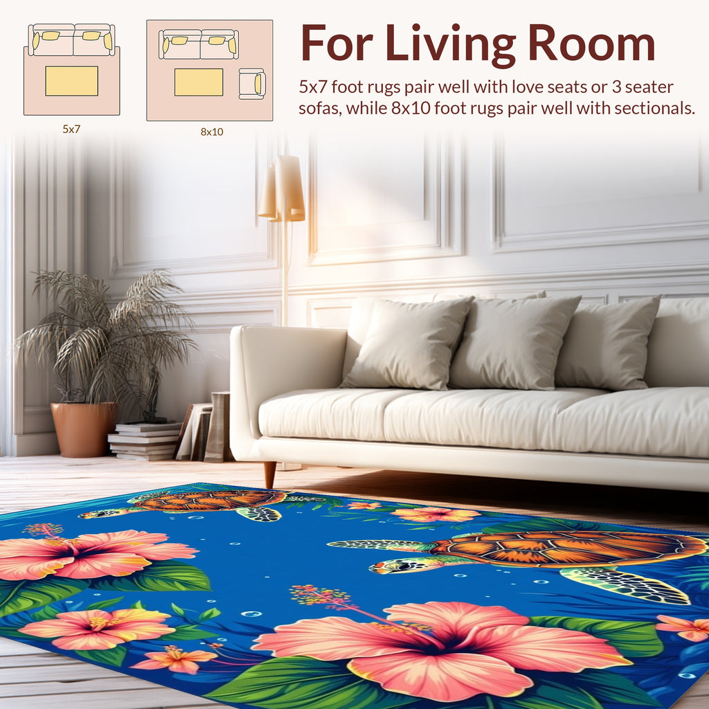 Tropical Sea Turtle Floral Design Rug
