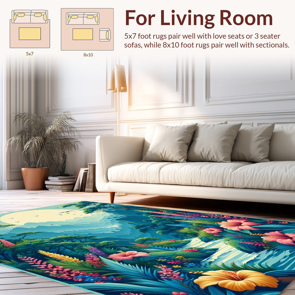 Lush Tropical Riverbed Floral Landscape Design Rug
