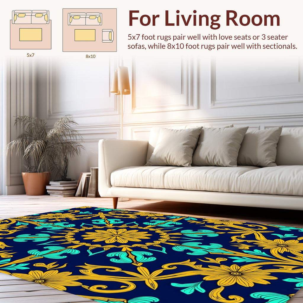 Golden Teal Floral Arabesque Pattern Rug