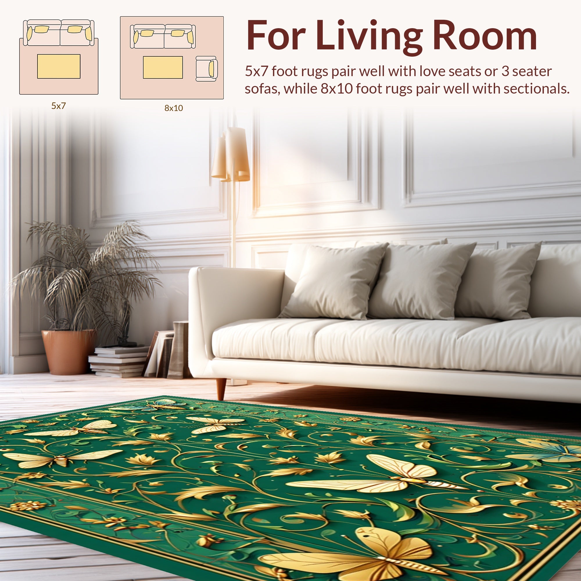 Ornate Emerald Butterfly Floral Design Rug
