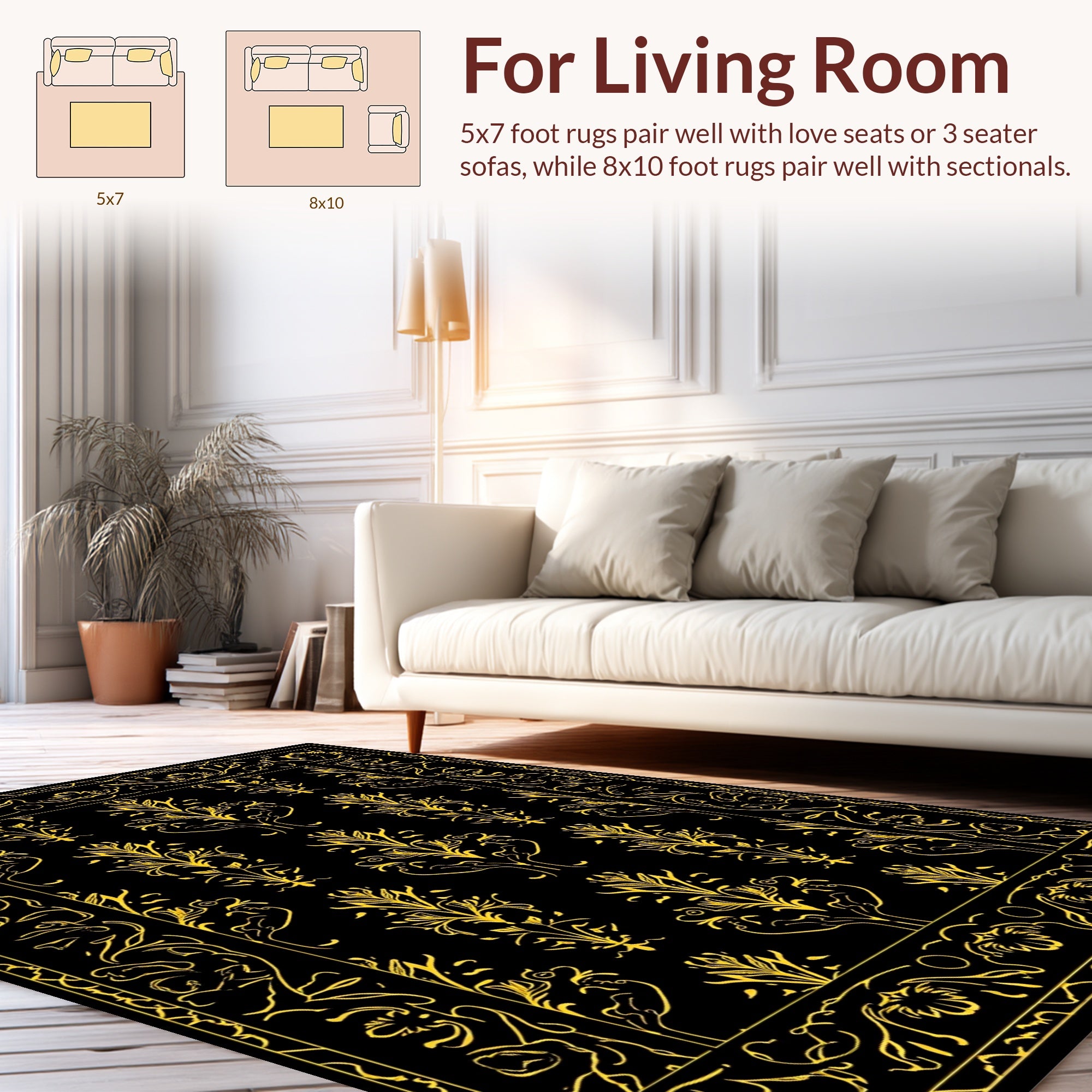 Elegant Yellow Floral Damask Border Rug