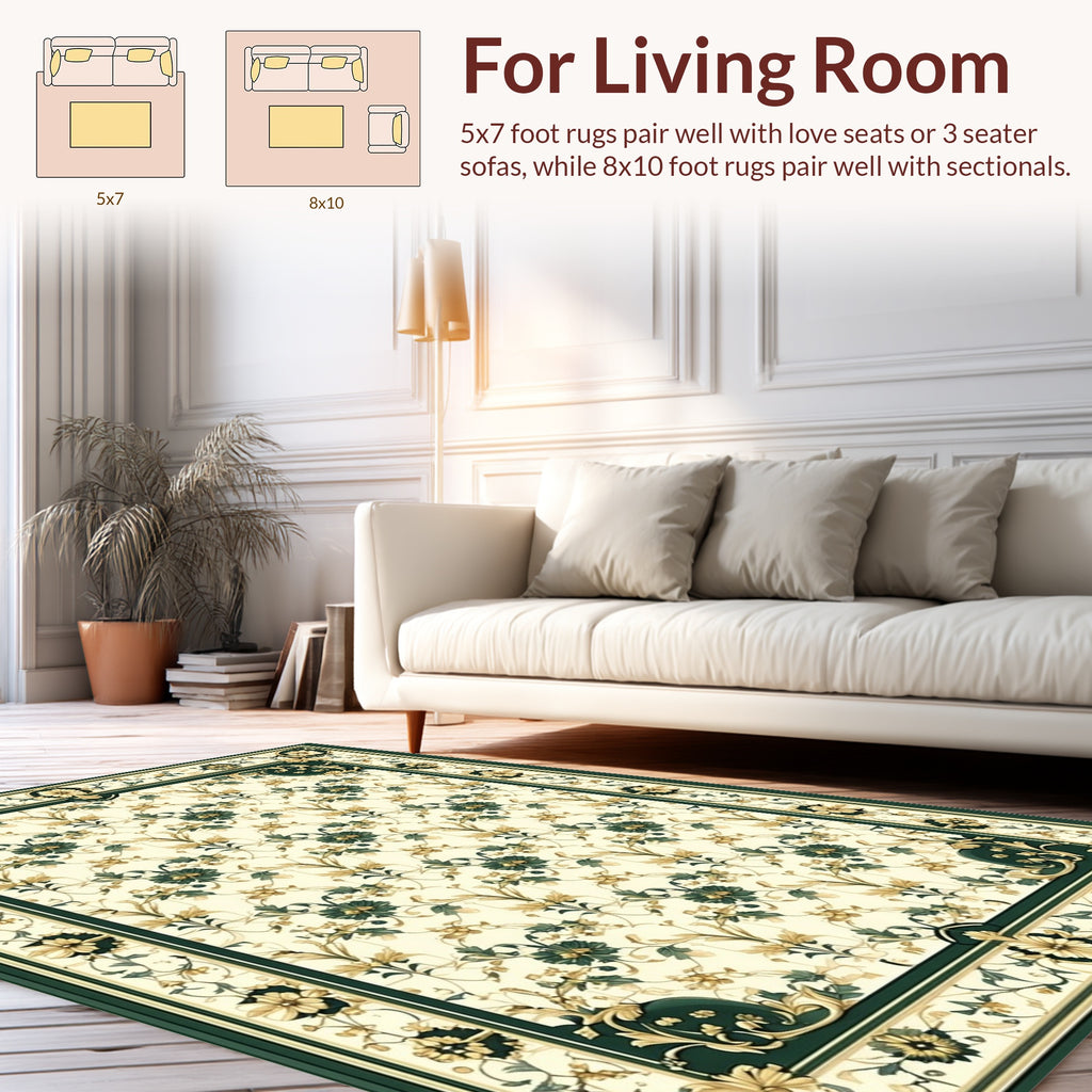 Green Gold Floral Vine Pattern Rug