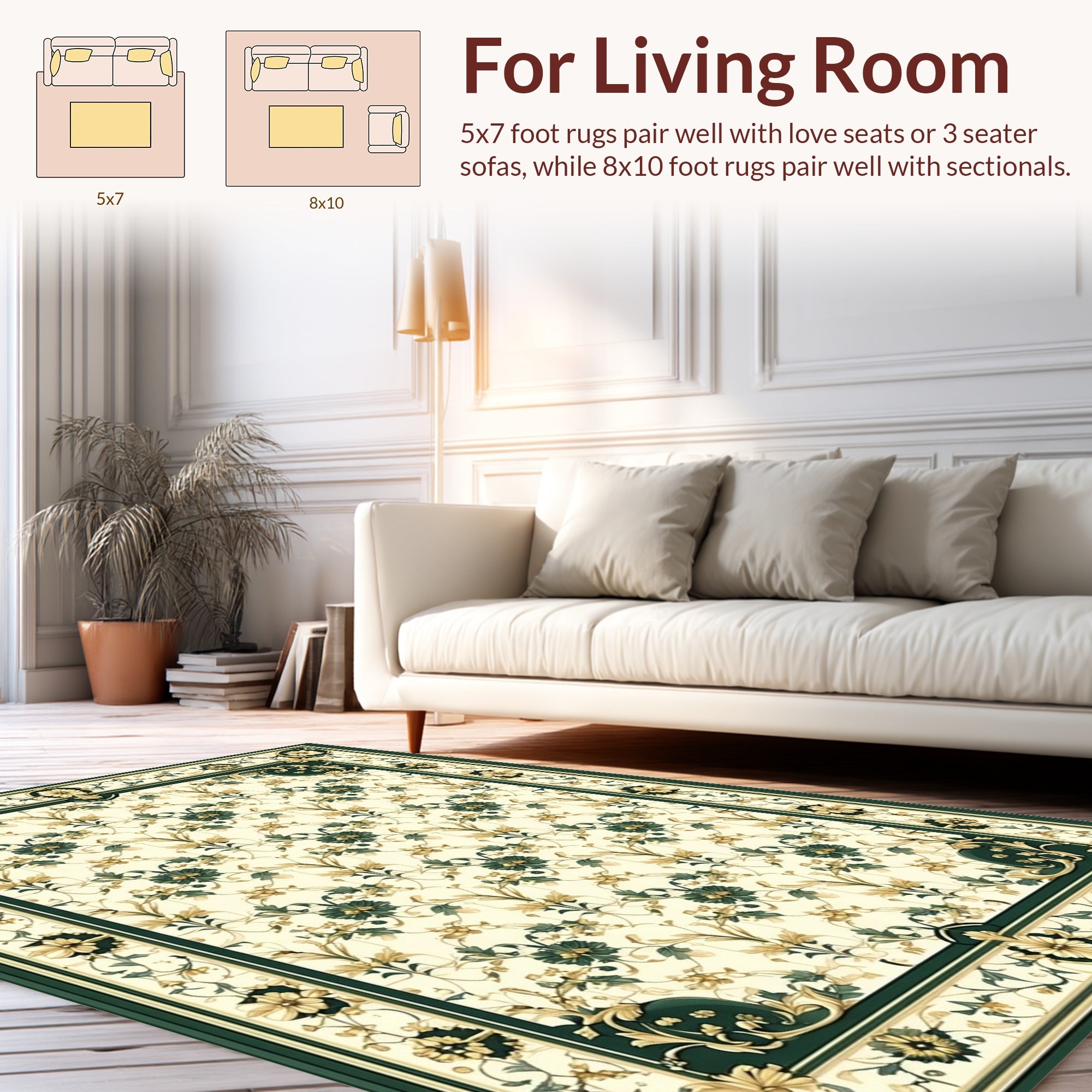 Green Gold Floral Vine Pattern Rug