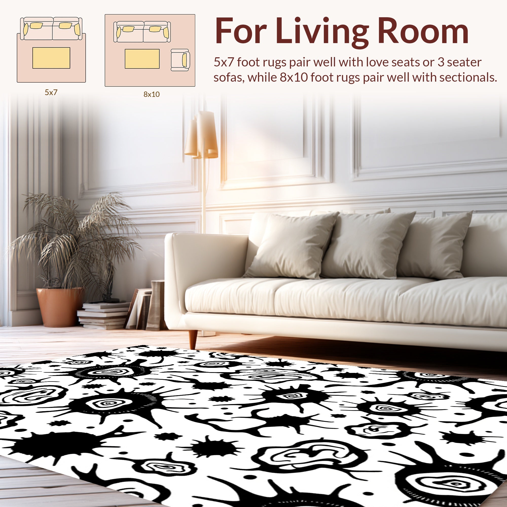 Organic Abstract Black White Splash Pattern Rug