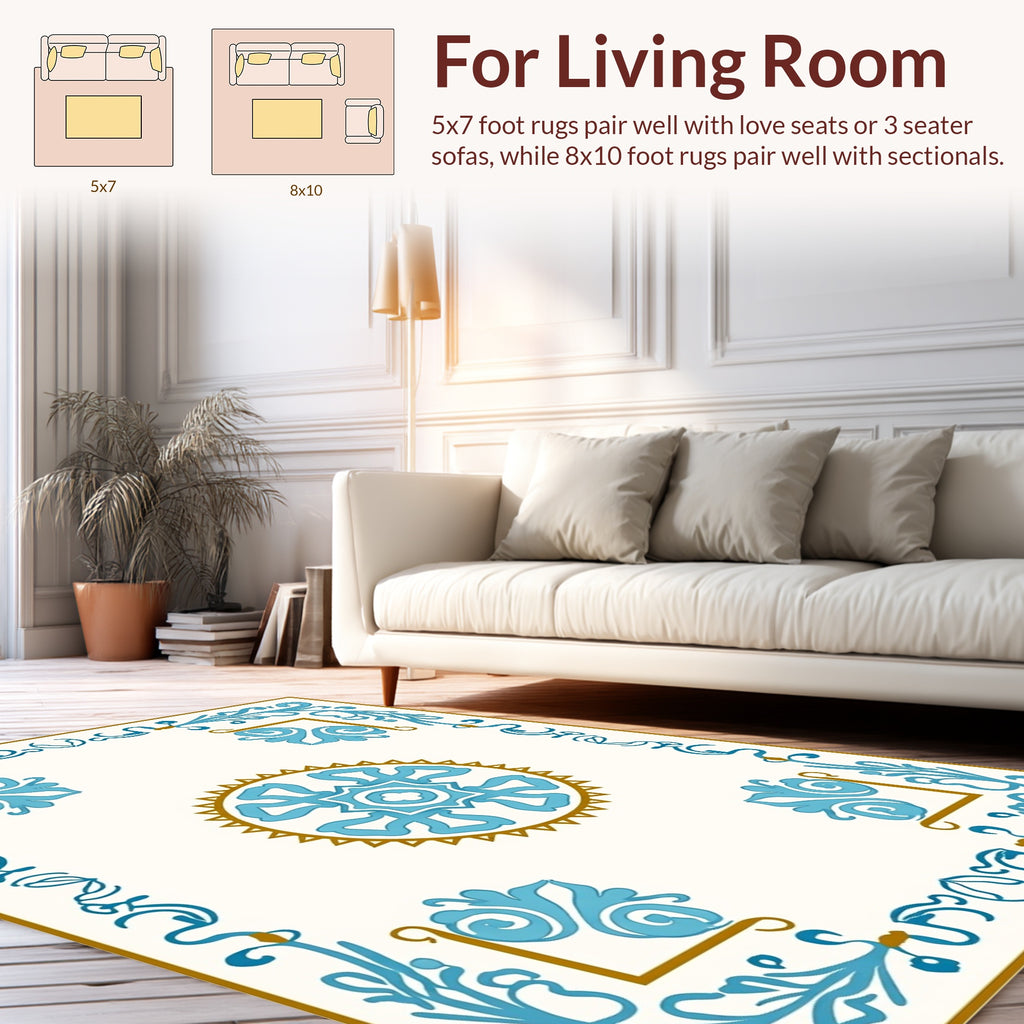 Light Blue Gold Floral Pattern Rug