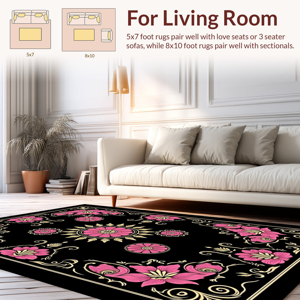 Pink Floral Swirls Black Pattern Rug