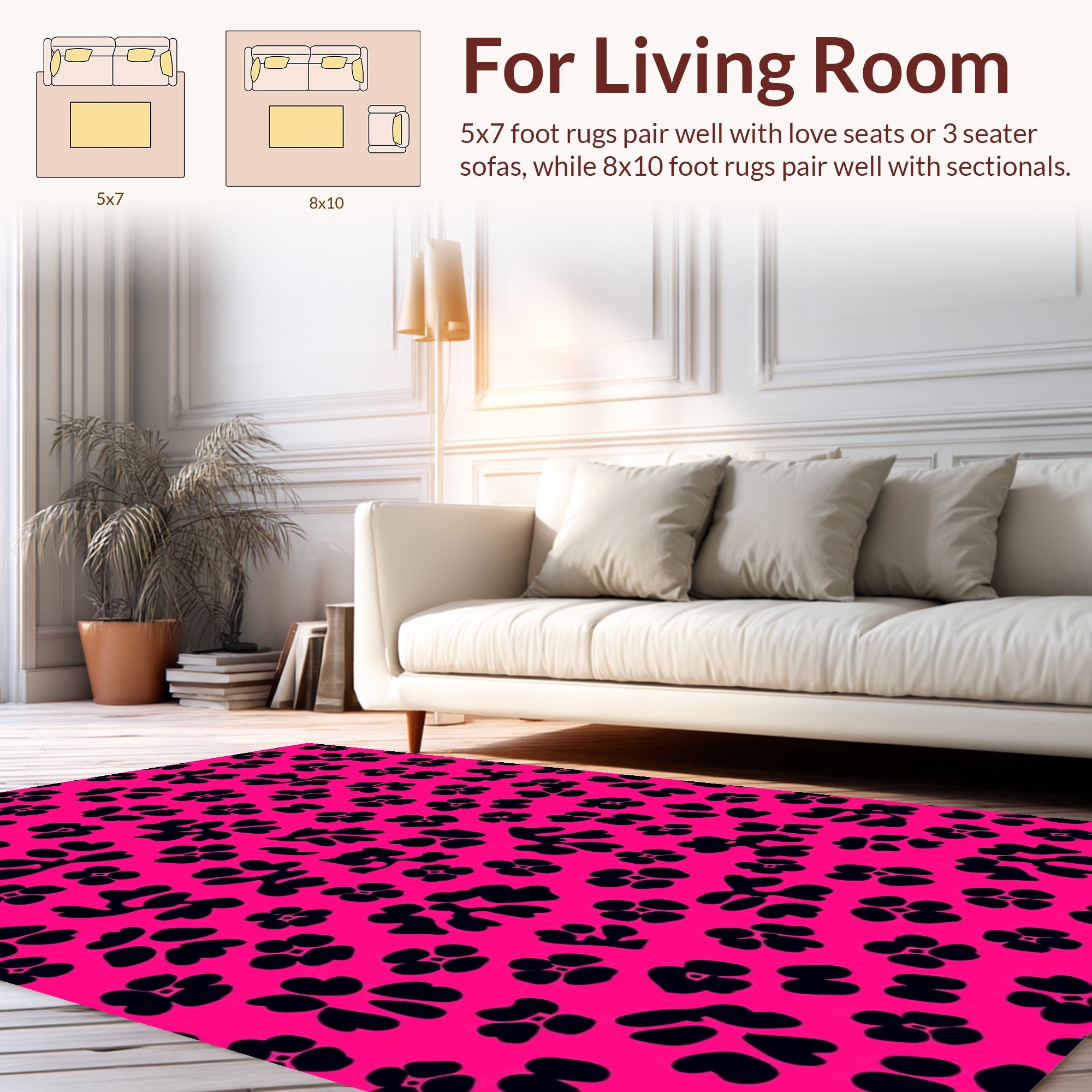 Vibrant Pink Black Floral Abstract Design Rug