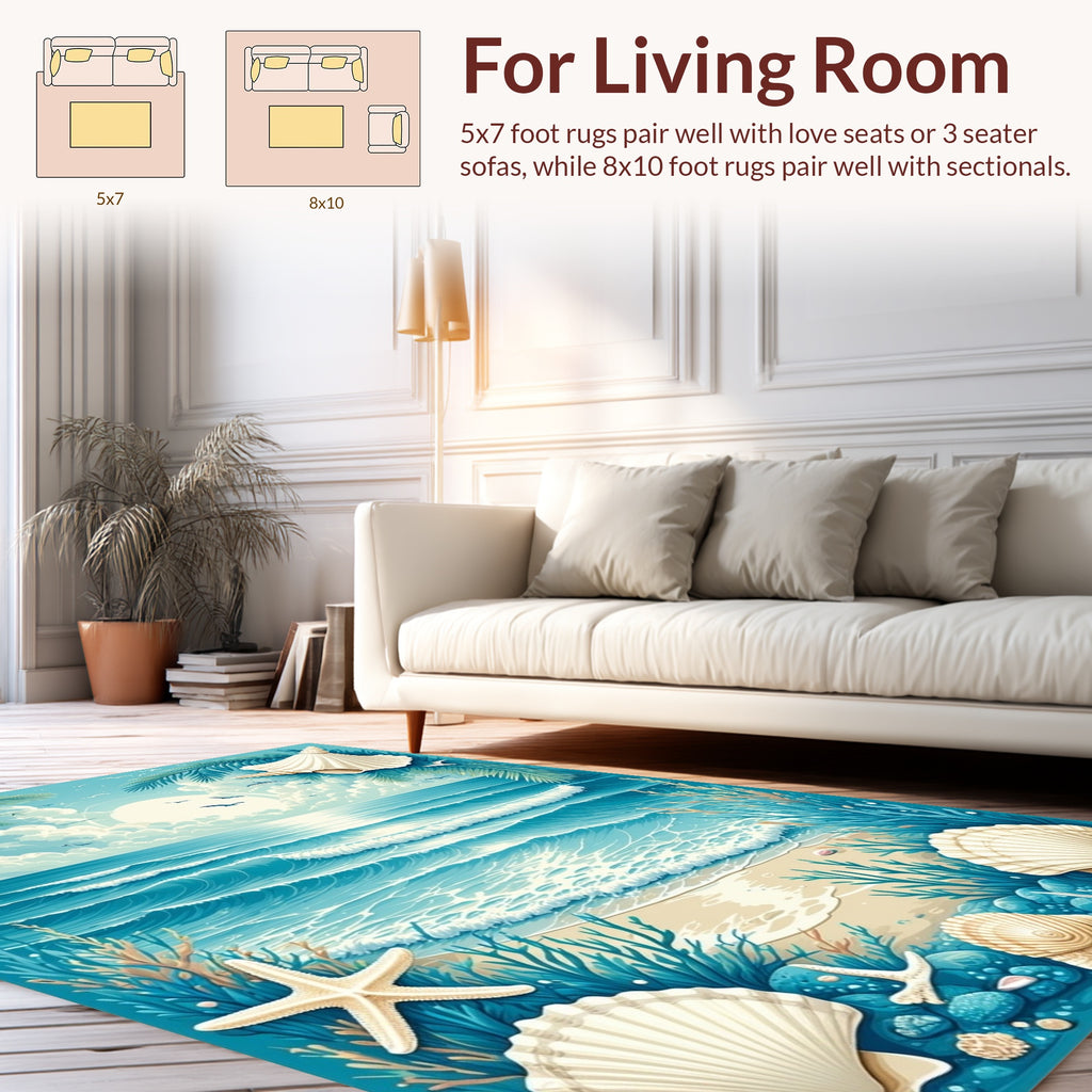Ocean Wave Shell Starfish Scene Rug