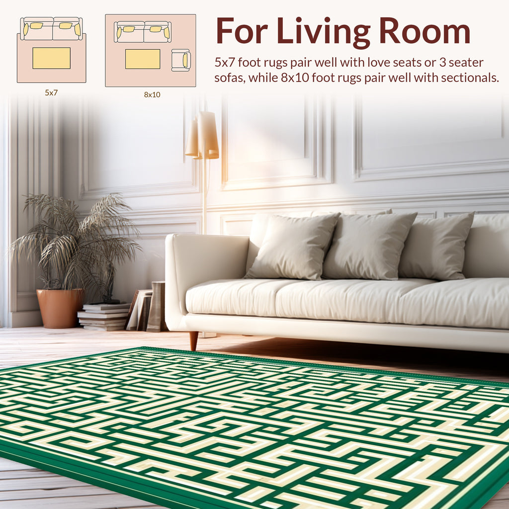 Intricate Green Geometric Maze Design Rug