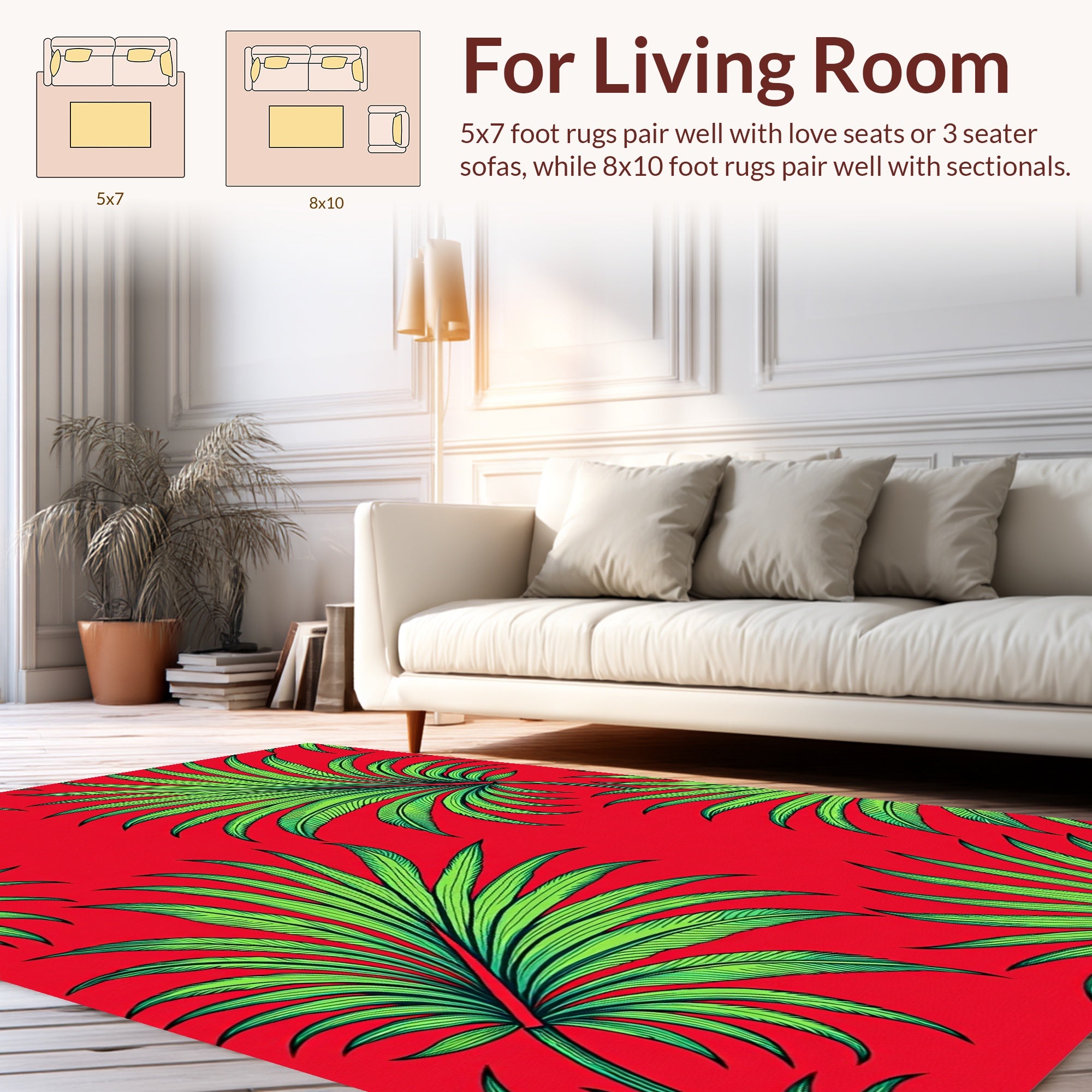 Vibrant Red Green Palm Leaf Pattern Rug