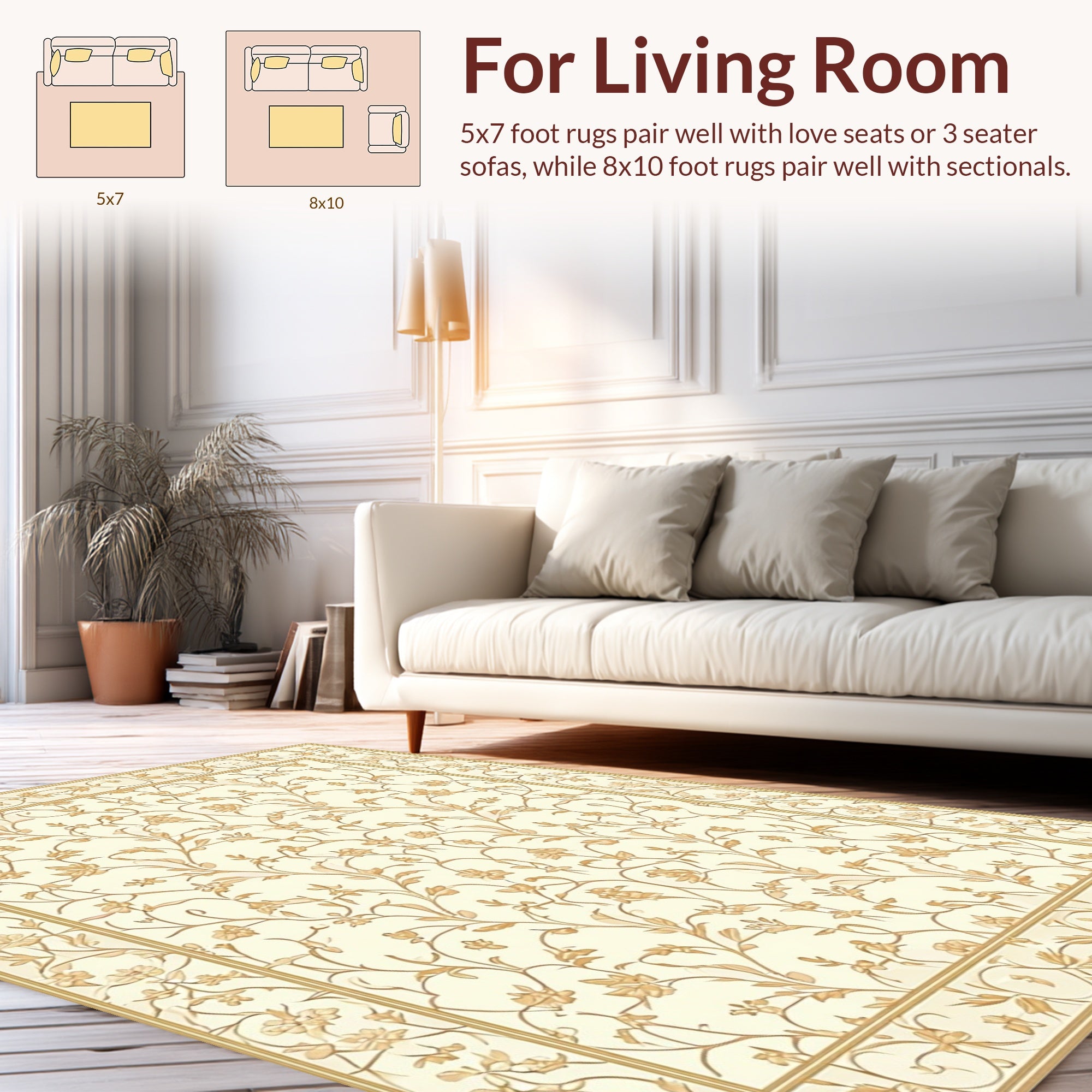 Cream Gold Floral Vine Scroll Rug