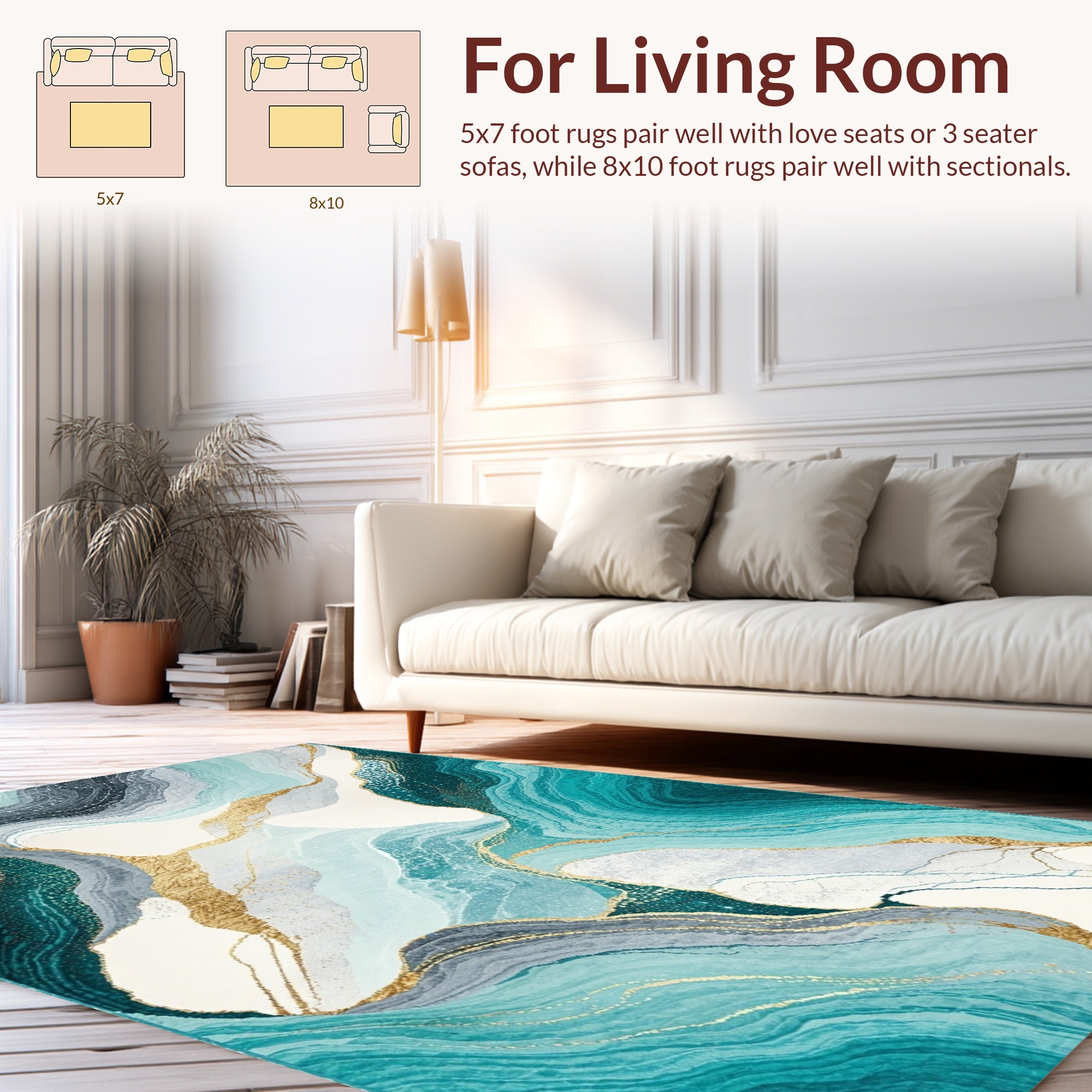 Abstract Teal Gold Marble Waves Rug