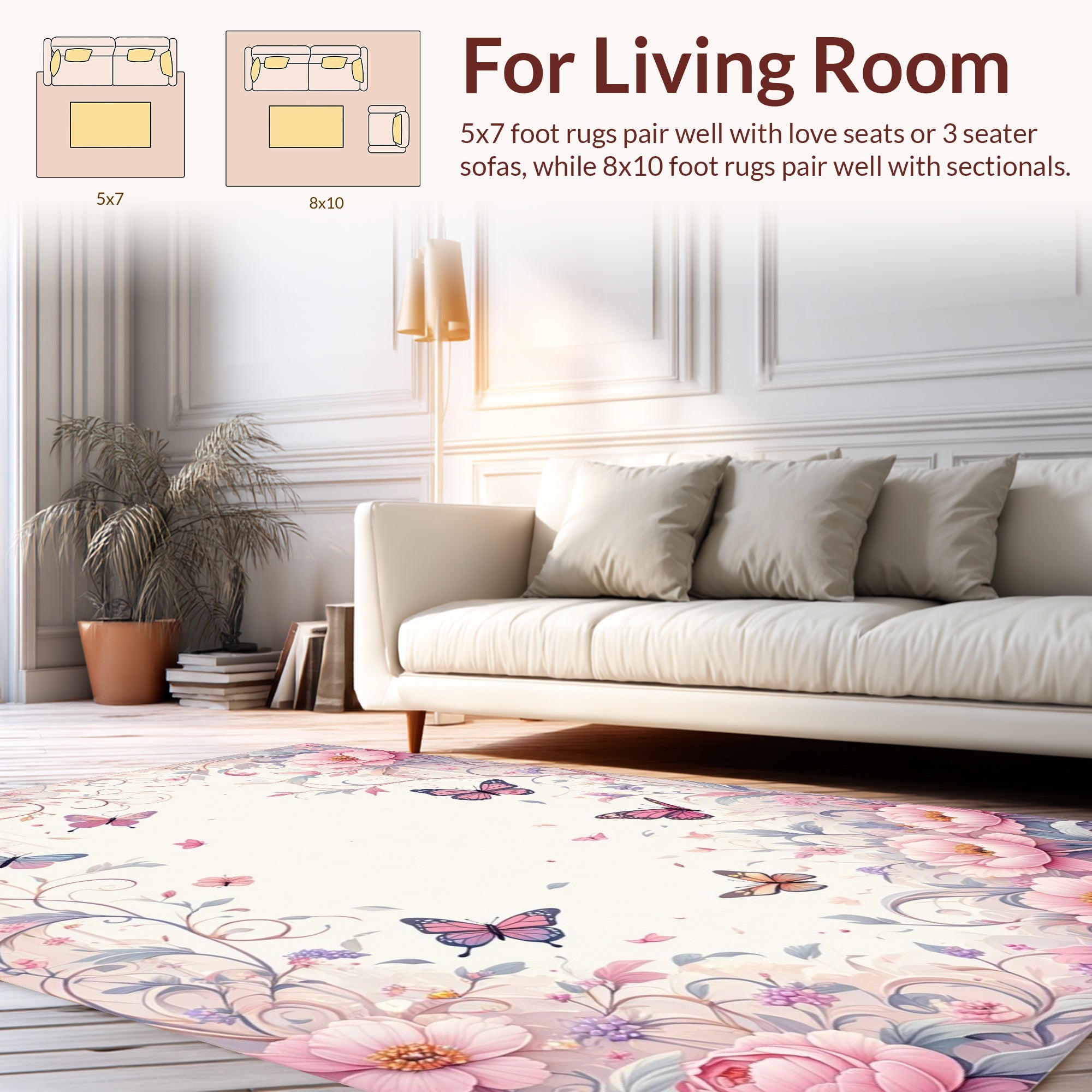 Pink Floral Butterfly Swirl Design Rug