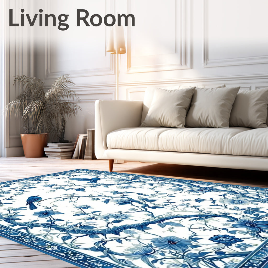Blue Floral Bird Nature Pattern Rug