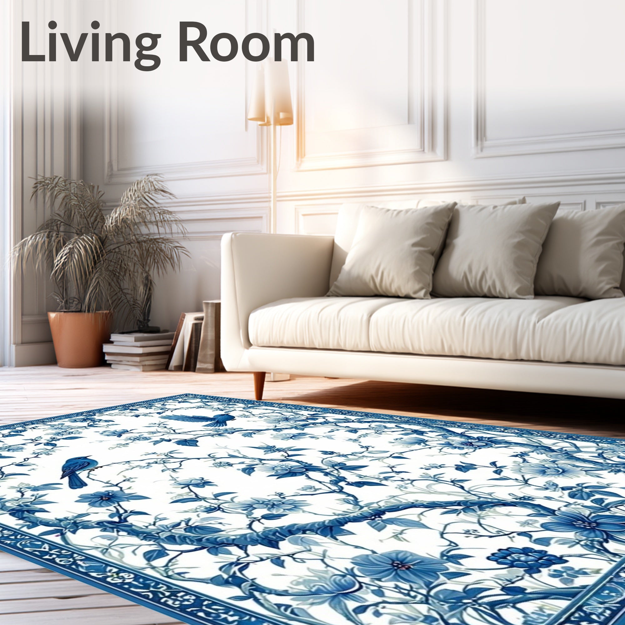 Blue Floral Bird Nature Pattern Rug