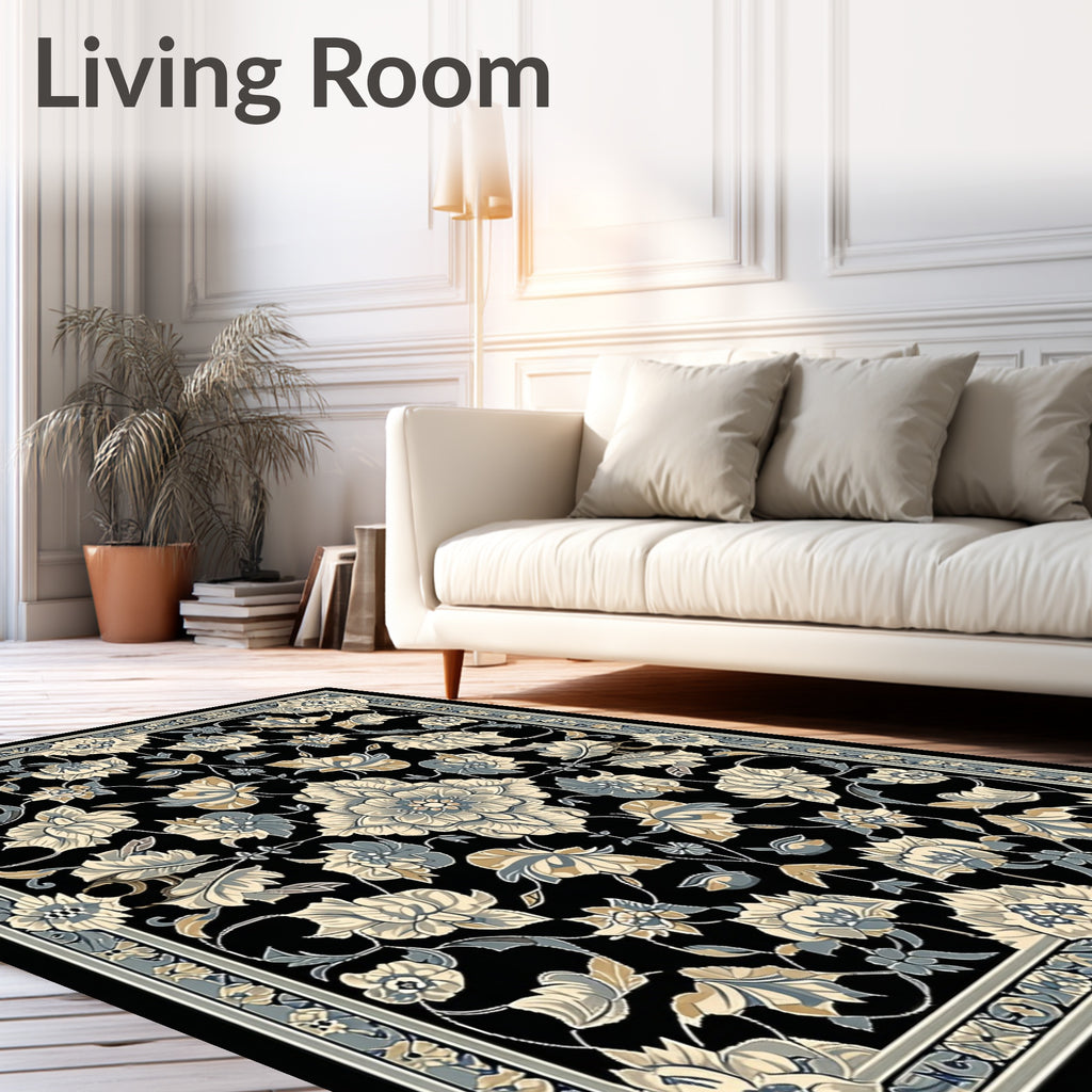 Ornate Floral Design Black Traditional Rug
