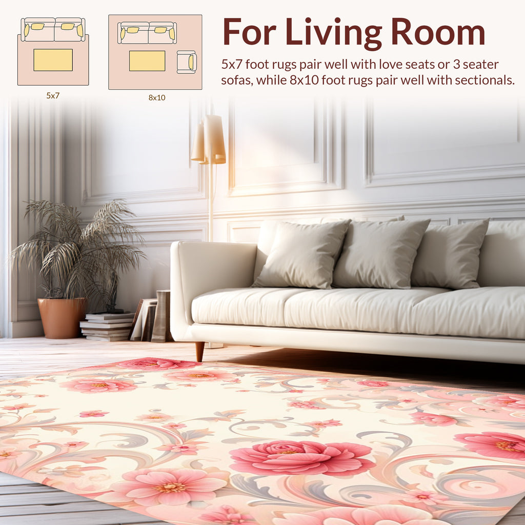 Elegant Pink Floral Scroll Design Rug