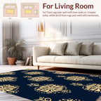 Damask Style Gold Navy Floral Rug