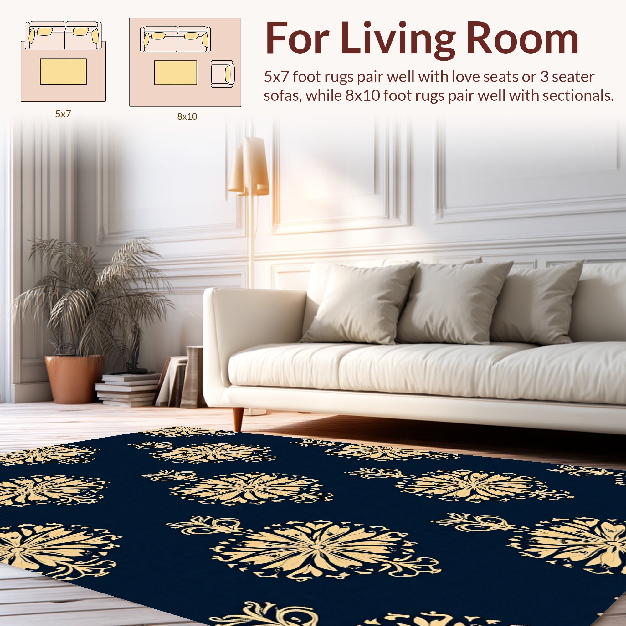 Damask Style Gold Navy Floral Rug