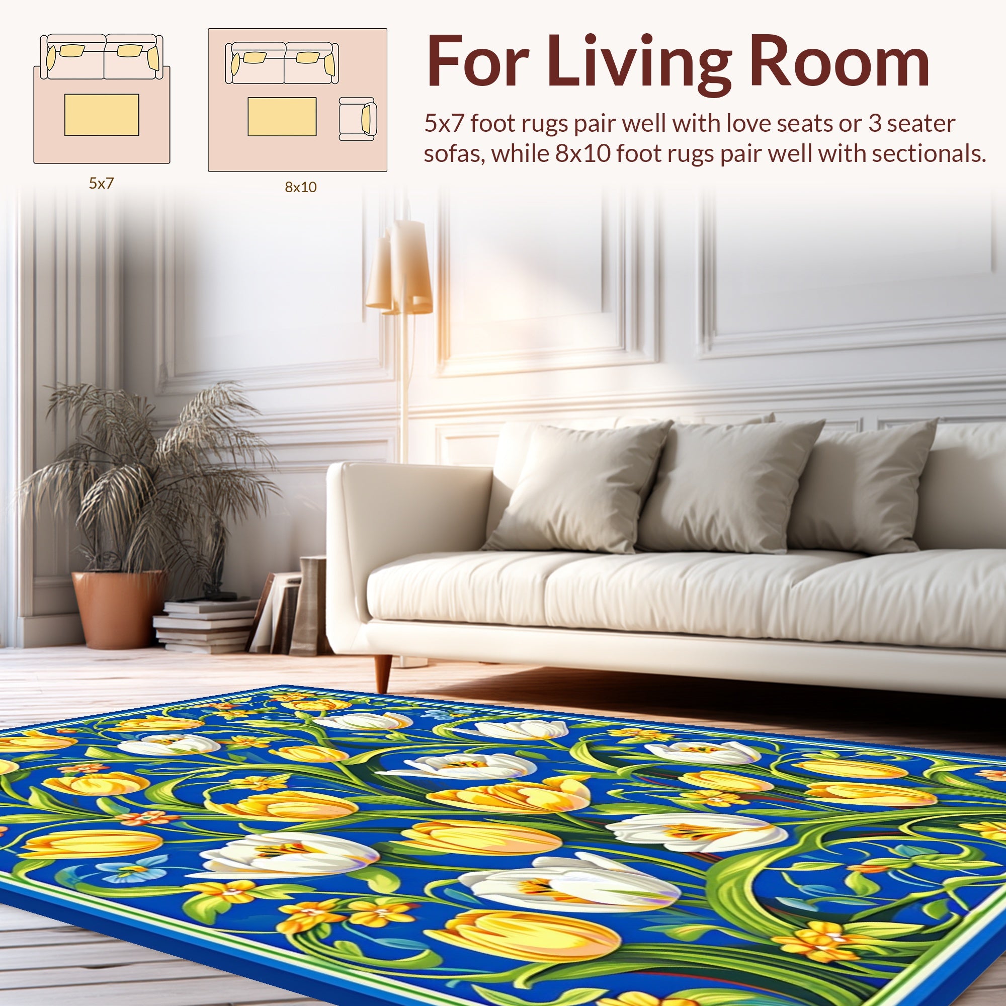 Vibrant Yellow White Tulip Pattern Rug