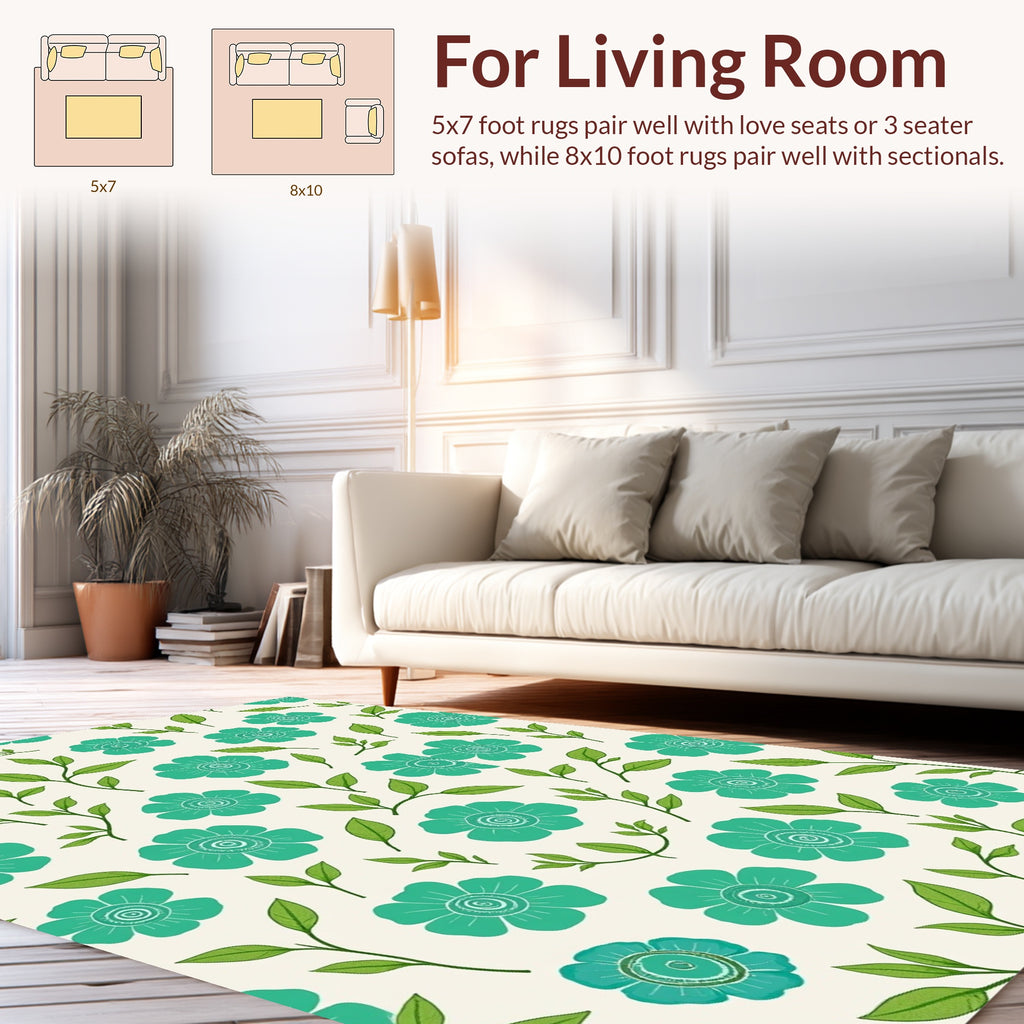 Teal Floral Leaf Pattern Rug