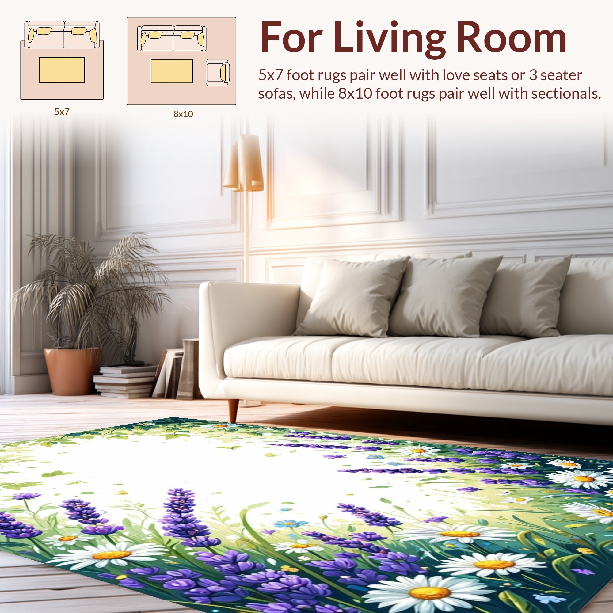 Lavender Daisy Garden Meadow Design Rug