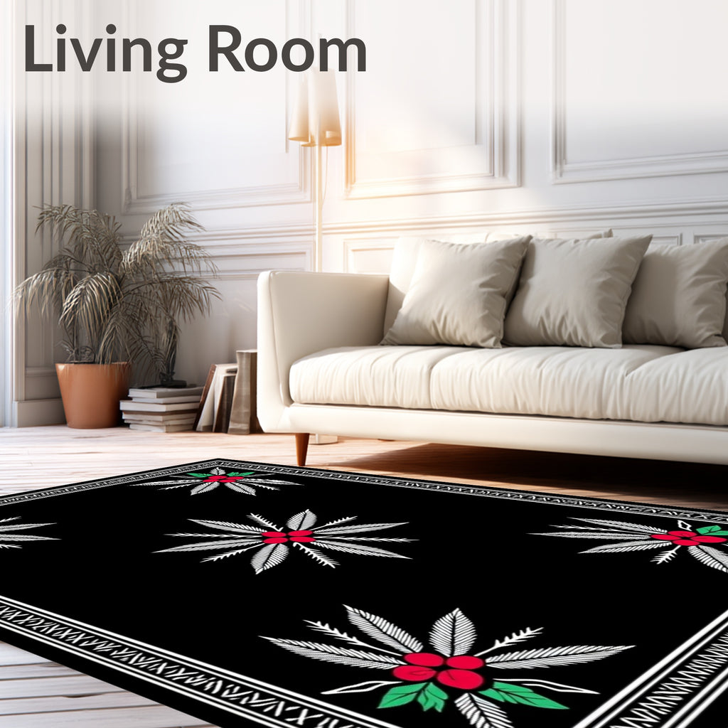 Black Red Berry Leaf Arrangement Rug