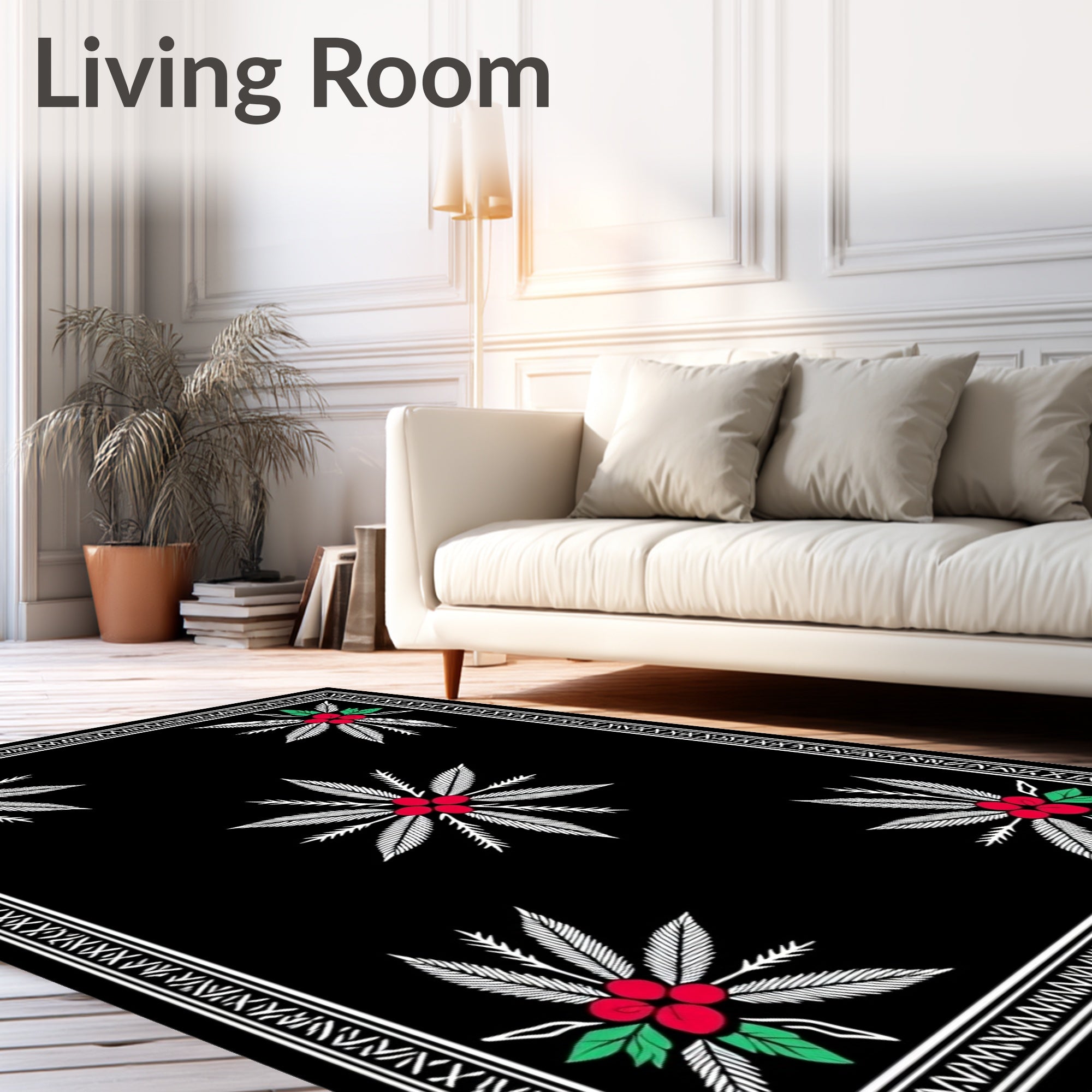 Black Red Berry Leaf Arrangement Rug