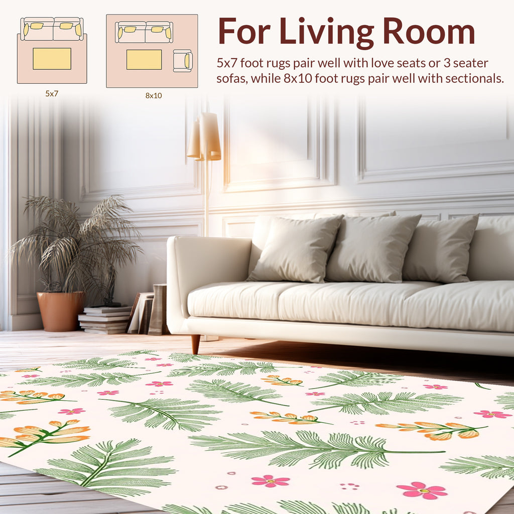 Green Fern Leaf Pink Flower Pattern Rug