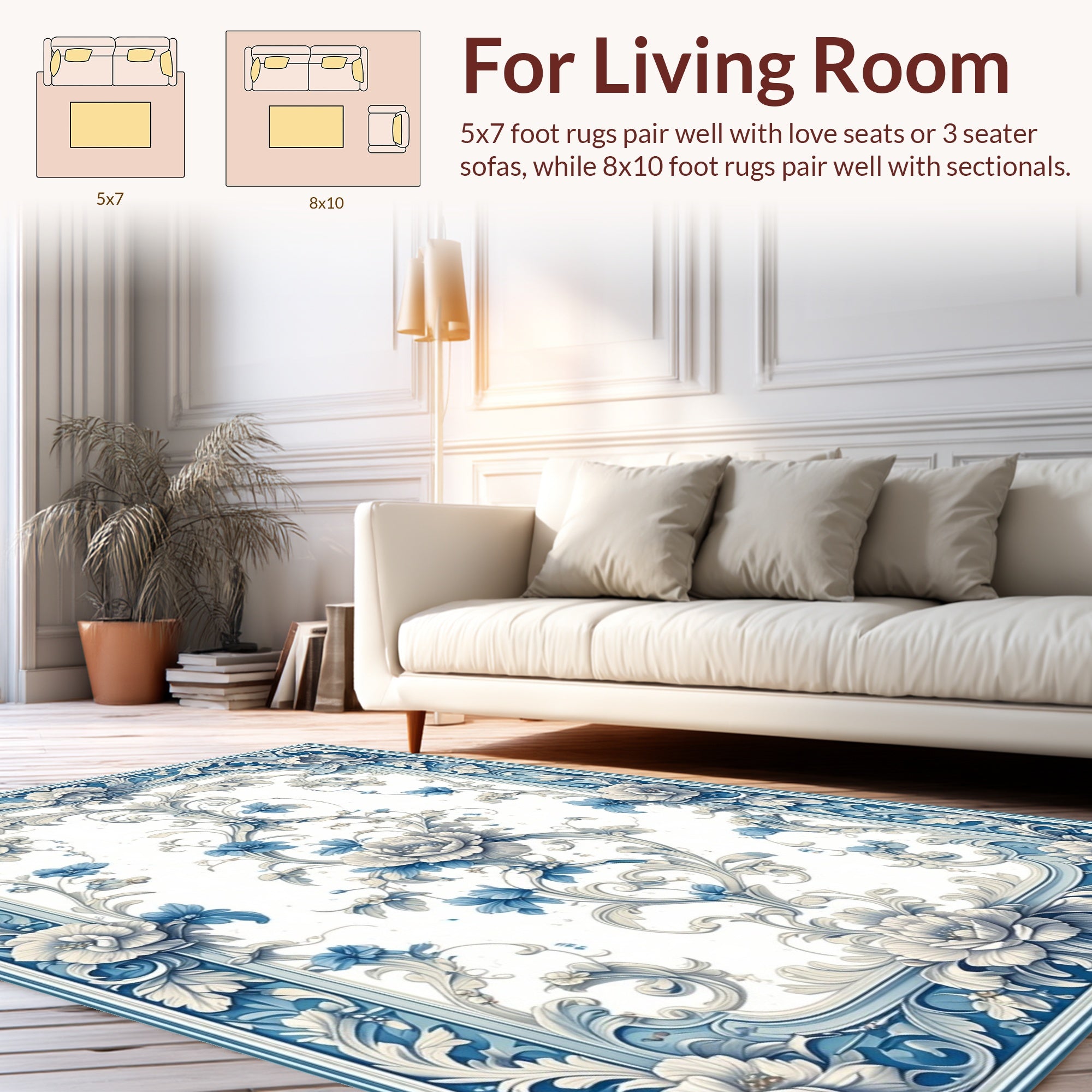 Blue White Floral Scroll Pattern Rug