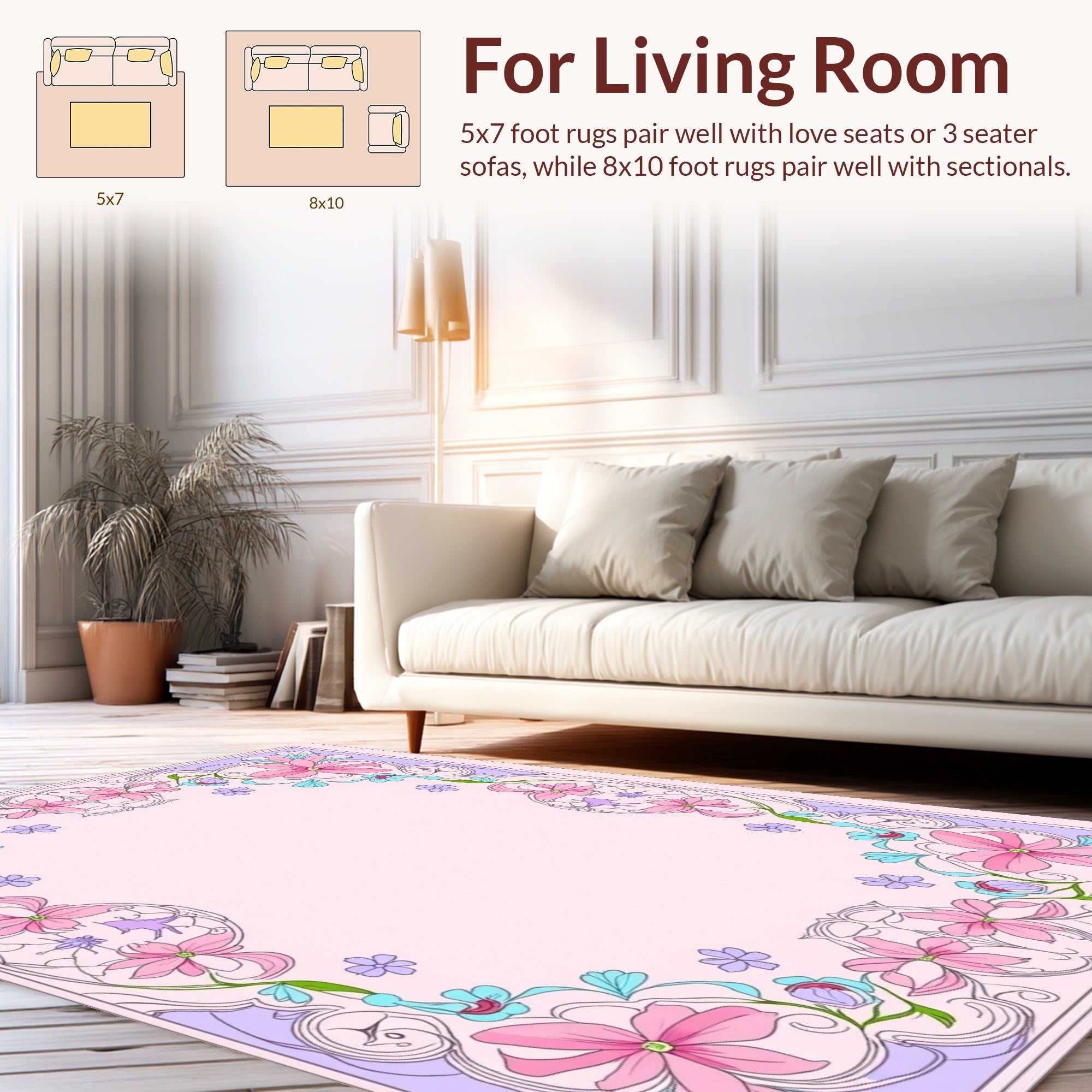 Pink Blue Floral Accent Border Rug