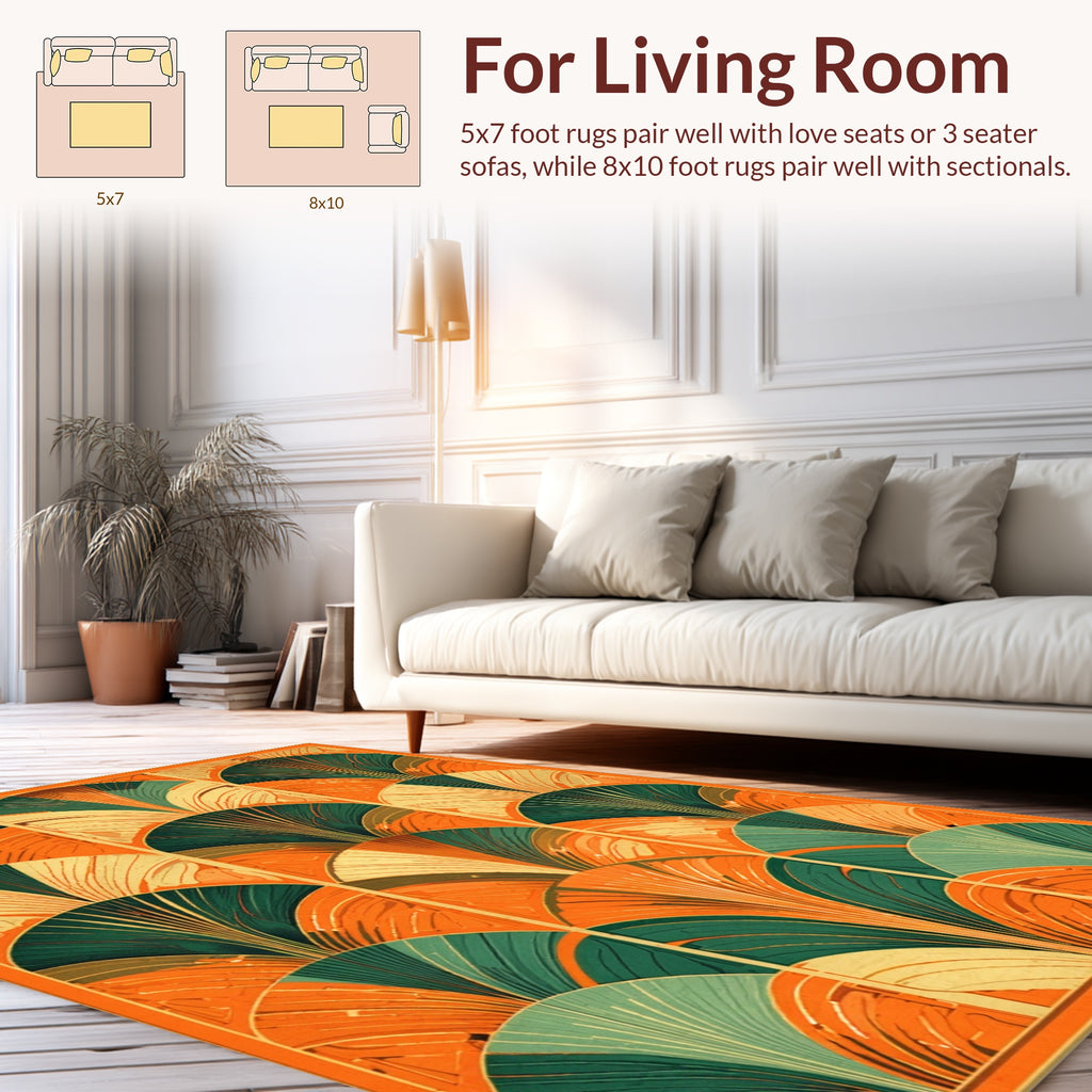 Orange Teal Fan Pattern Geometric Rug