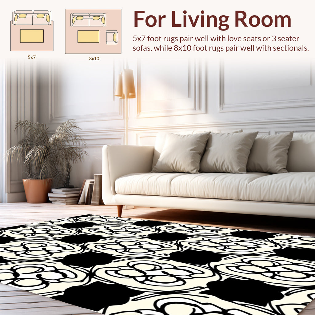 Abstract Floral Black Cream Pattern Rug