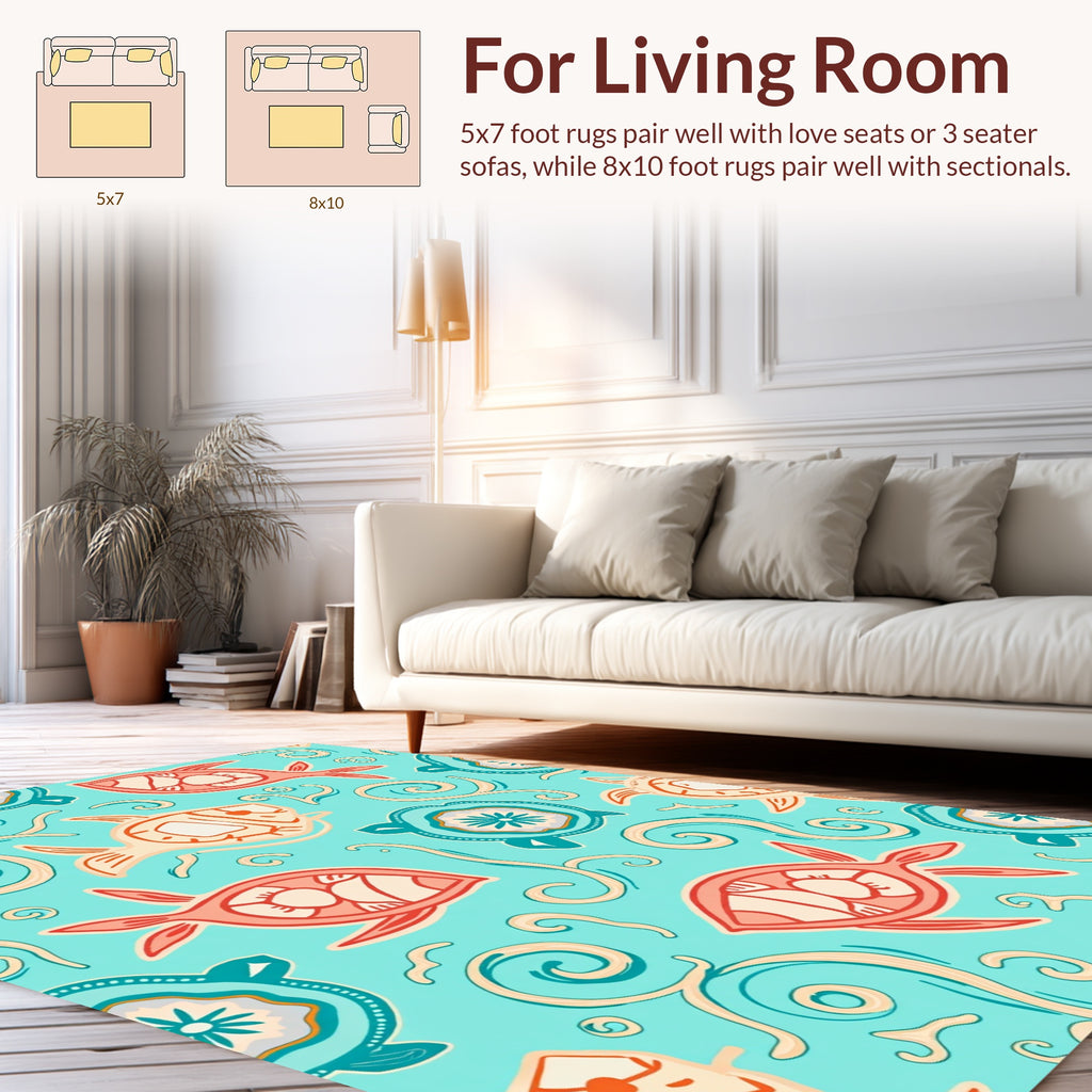 Playful Fish Turtle Swirls Pattern Rug