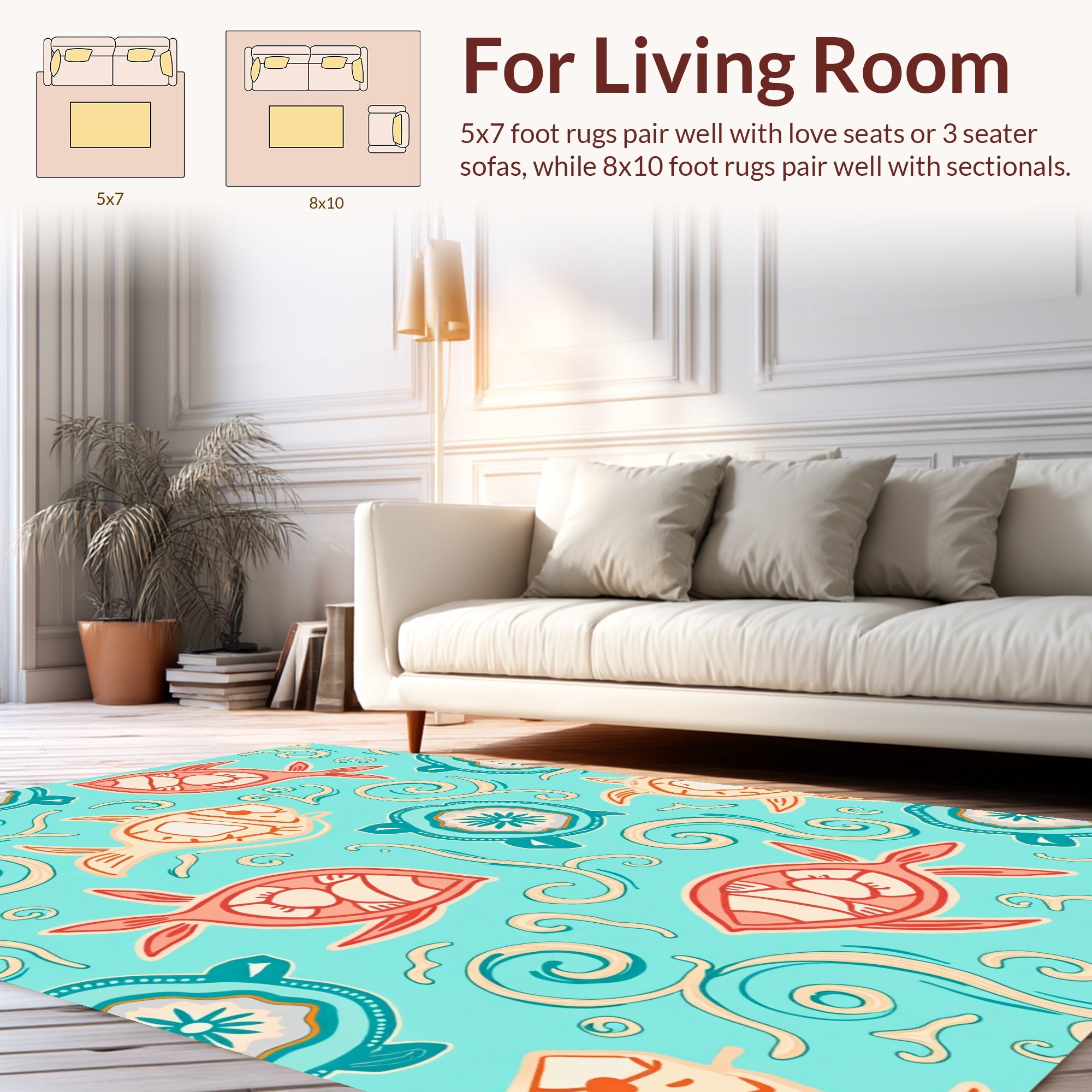Playful Fish Turtle Swirls Pattern Rug