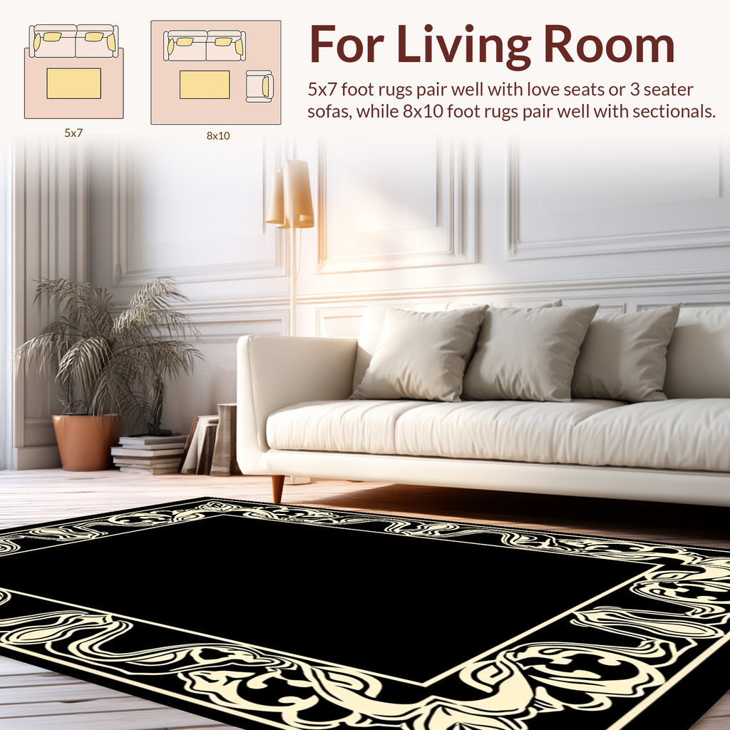 Art Nouveau Beige Black Floral Border Rug
