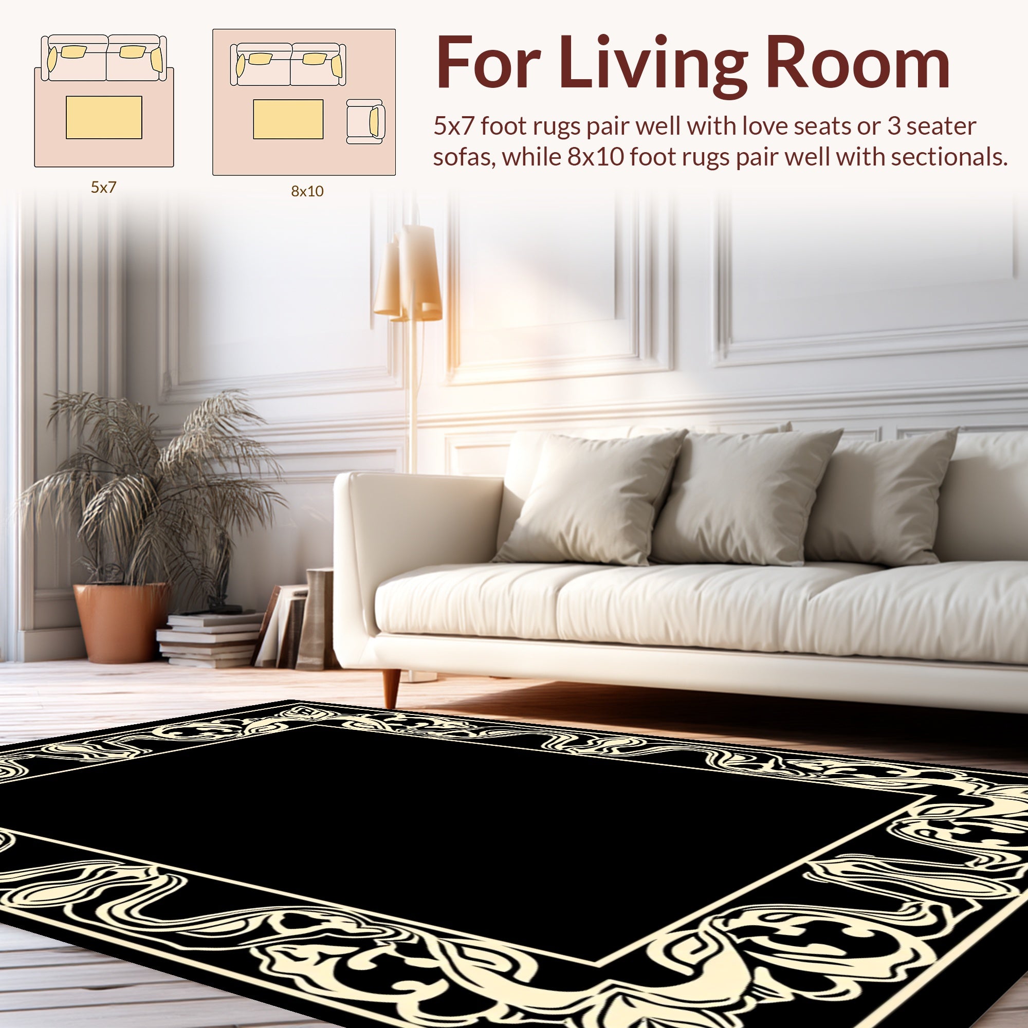 Art Nouveau Beige Black Floral Border Rug