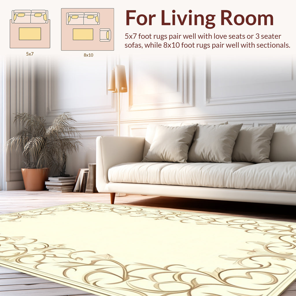 Ornate Beige Scrollwork Frame Design Rug
