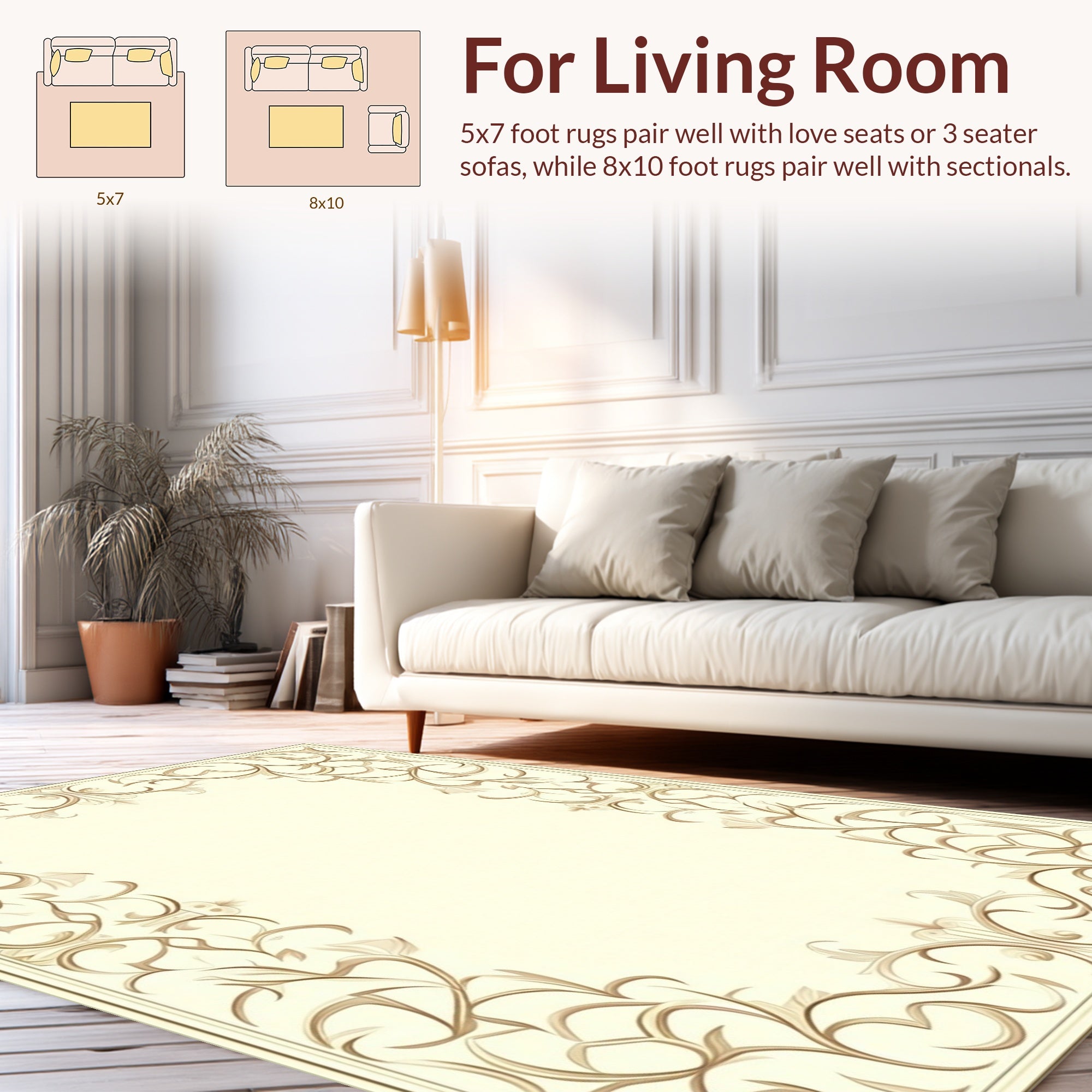Ornate Beige Scrollwork Frame Design Rug