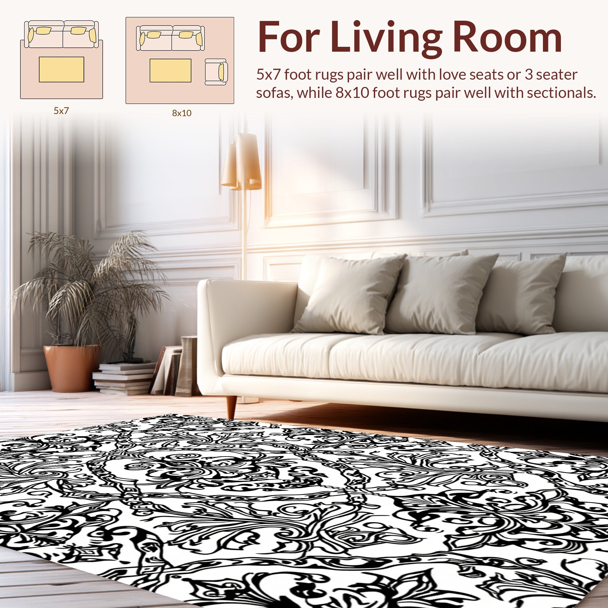 Black White Classic Floral Damask Rug