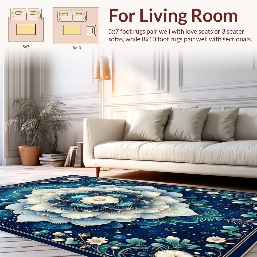 Ornate Blue Floral Mandala Pattern Rug