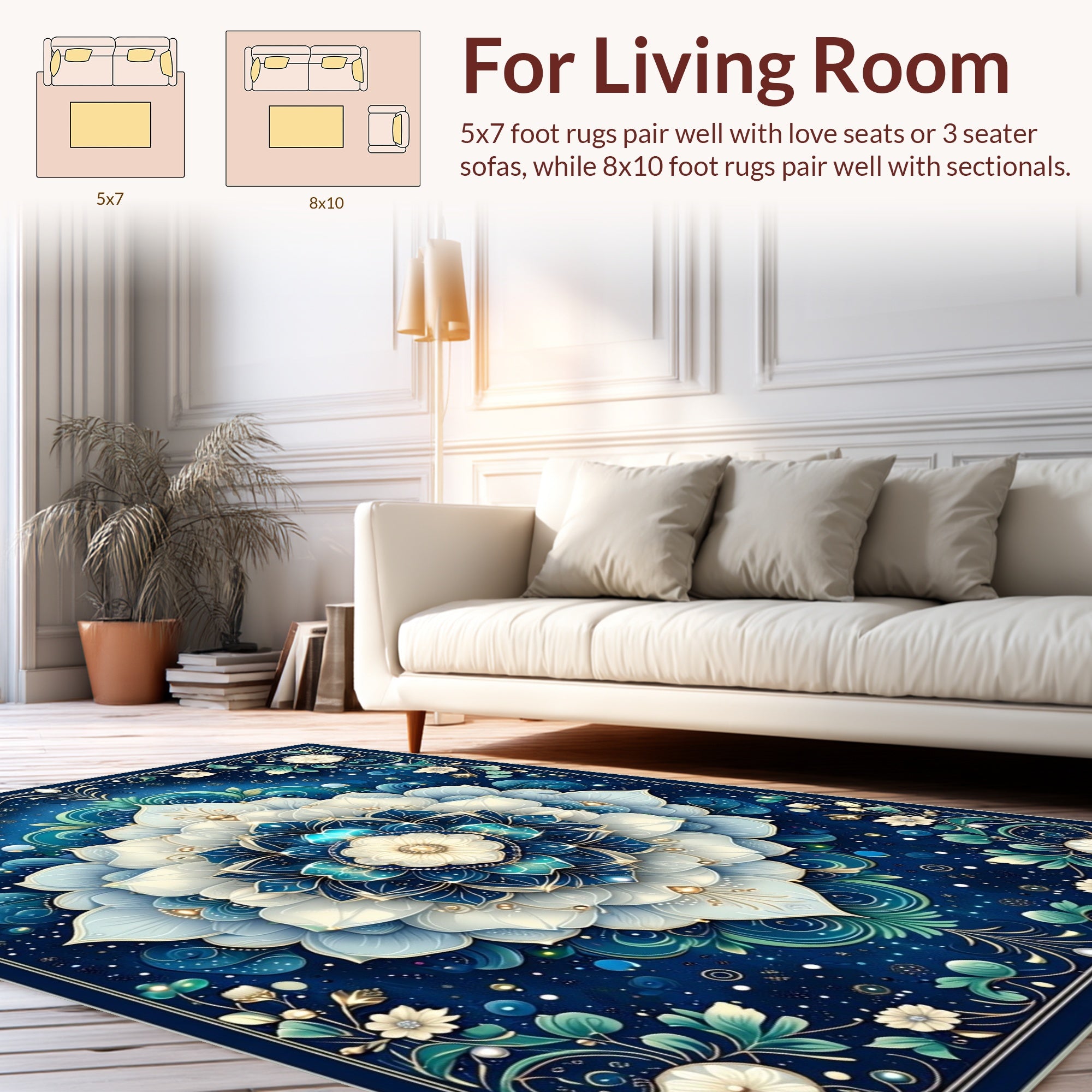 Ornate Blue Floral Mandala Pattern Rug