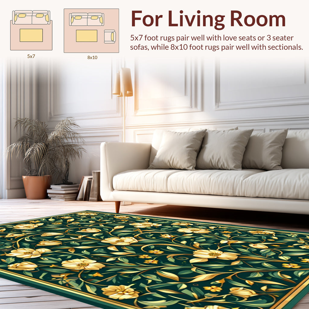 Golden floral pattern on dark green background Rug