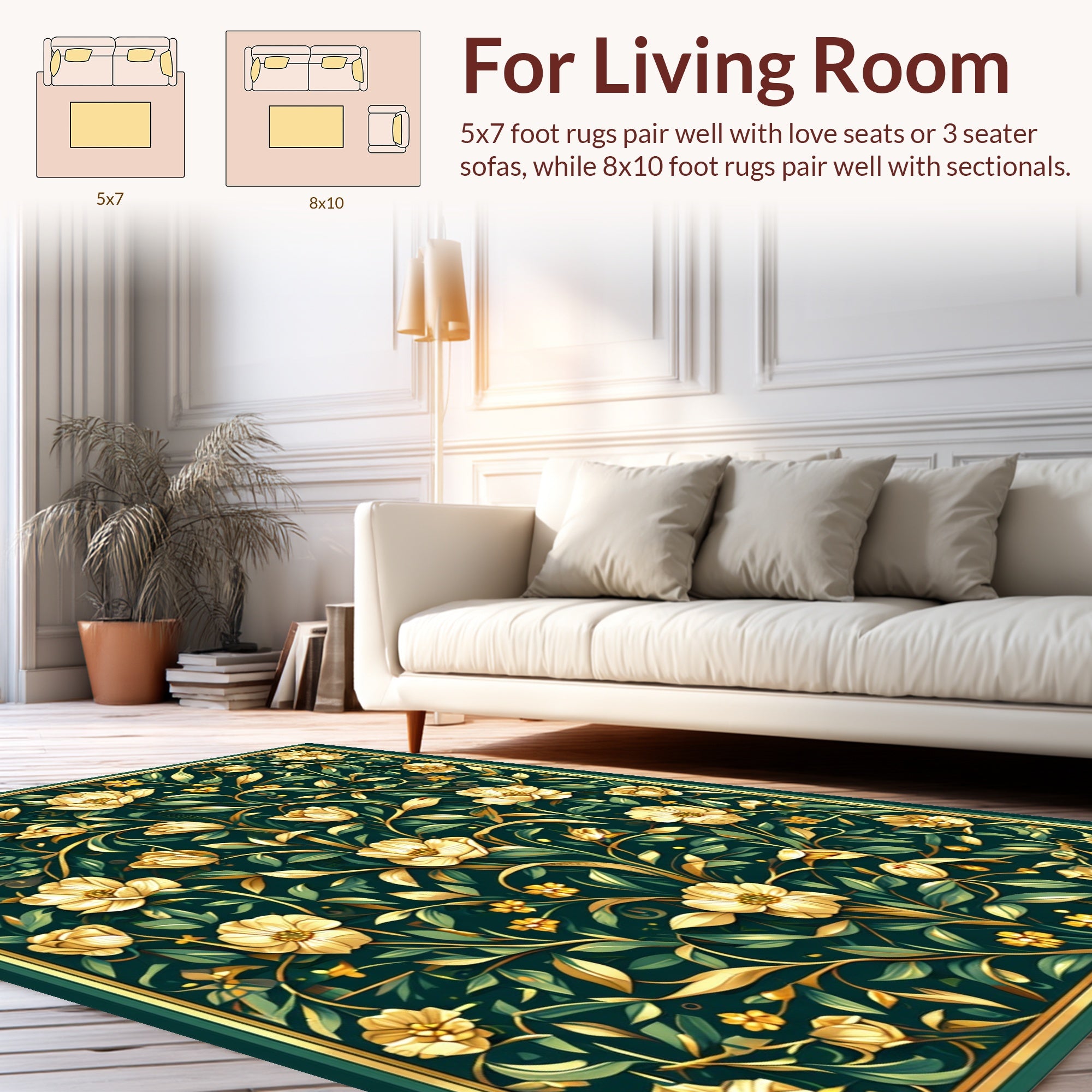 Golden floral pattern on dark green background Rug