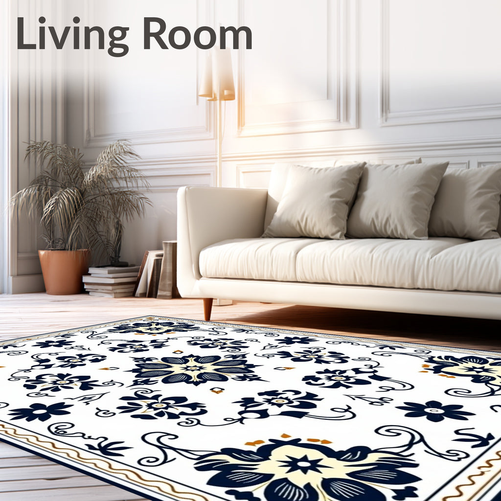 Navy Blue Cream Floral Square Tableau Rug