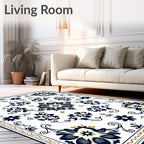 Navy Blue Cream Floral Square Tableau Rug