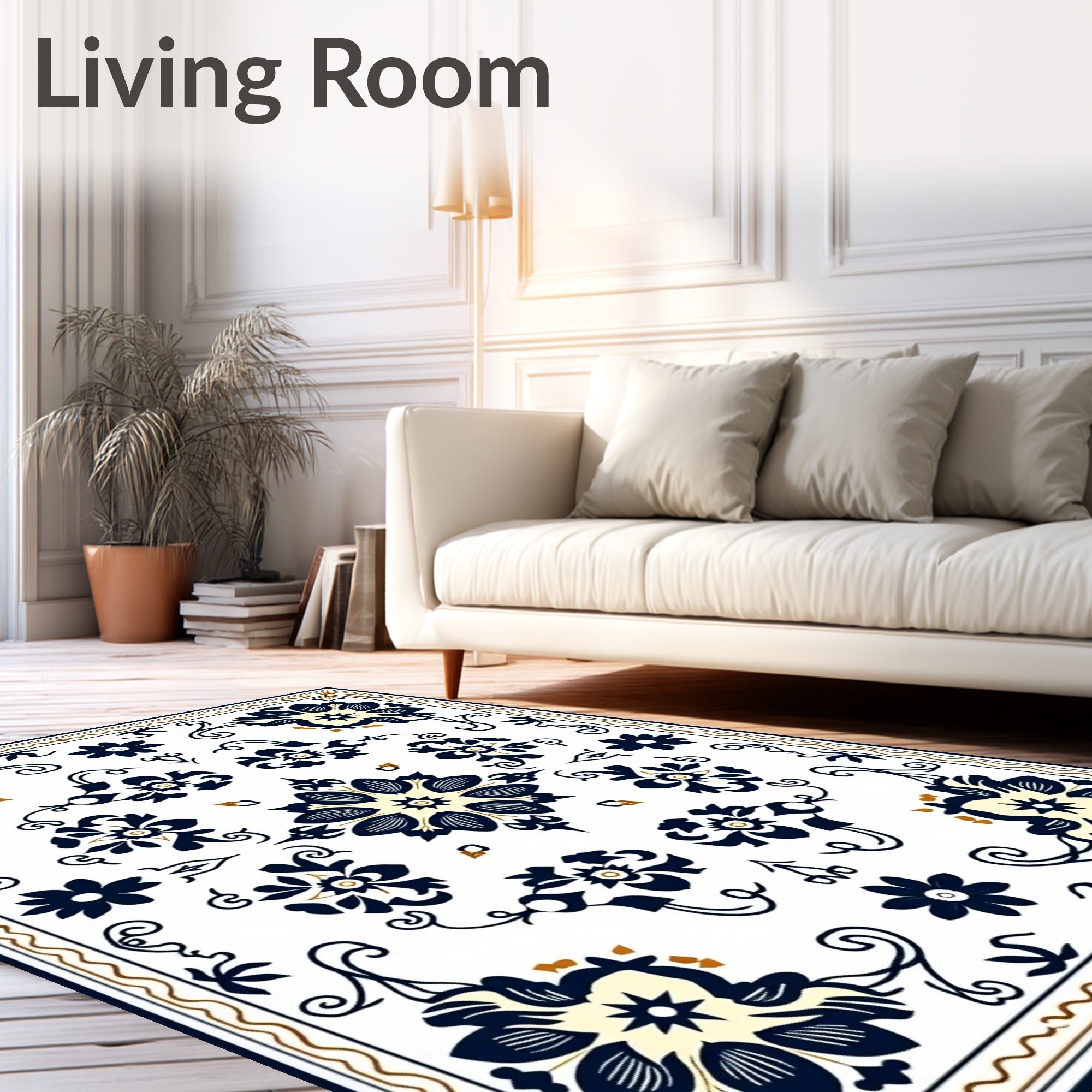 Navy Blue Cream Floral Square Tableau Rug