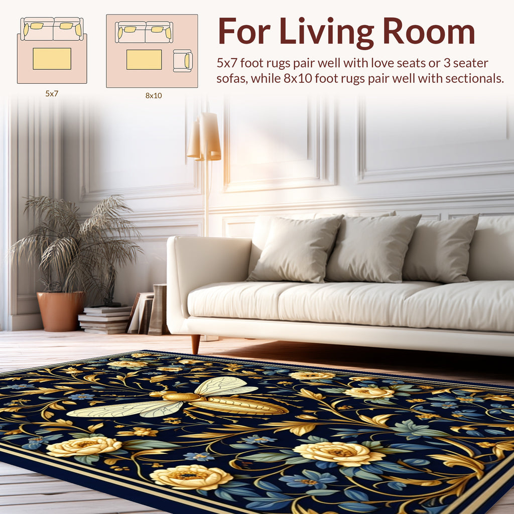 Golden Bee Floral Navy Rug