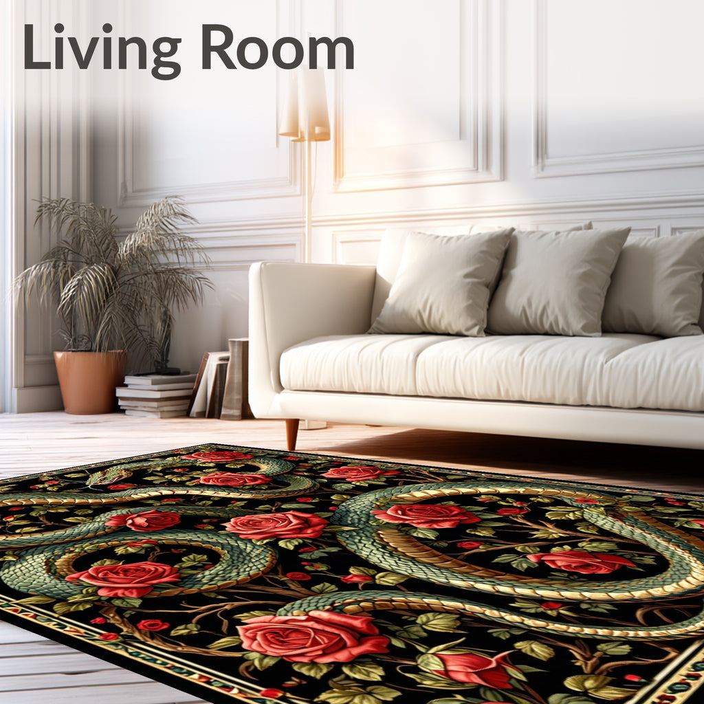 Ornate Emerald Snake Red Rose Garden Design Rug